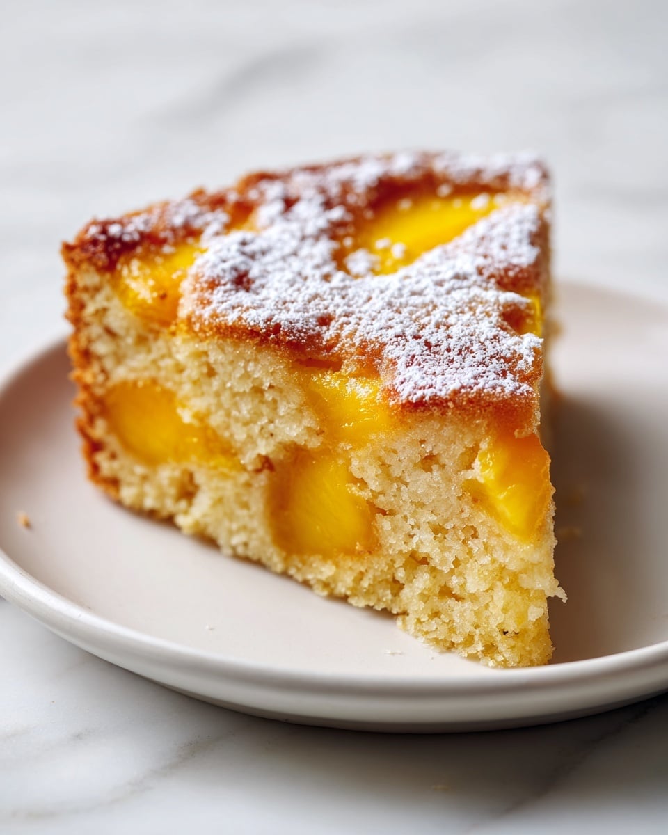 A single slice of peach cake sits on a white plate with a smooth edge, placed on a white marbled surface. The cake has two visible layers: a moist, light beige cake base speckled with tiny air pockets, and bright yellow peach slices embedded on top and slightly sunk into the cake. The top layer is dusted lightly with white powdered sugar, giving a soft snowy look. The cake’s edges are golden brown and slightly crisp, while the middle stays tender and soft. The background is blurred and plain, keeping the focus on the detailed texture of the cake. photo taken with an iphone --ar 4:5 --v 7
