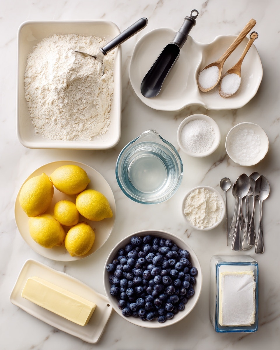 The image shows an arrangement of baking ingredients on a white marbled surface, each in its own white bowl or container. In the top left, a white tray holds 2 1/2 cups of flour with a black metal scoop resting in it. To the right, two small white dishes hold 3 tablespoons of white cornstarch with a small wooden spoon and 2 tablespoons of white sugar with a wooden spoon. Below them, two white measuring spoons hold 1 tablespoon of sugar and 1 teaspoon of salt. In the center a glass measuring cup is filled with 1 1/3 cups of clear water. In a white plate on the left, four bright yellow lemons sit with a white citrus reamer on top. Below this, a white bowl is filled with 1 1/2 cups of fresh blueberries. To the right of the water, an egg rests on a small white dish. Below the egg, two sticks of light yellow butter wrapped partly in blue packaging are placed side by side. At the bottom right, a glass jar of 2 cups powdered sugar has a black metal scoop resting in it. All ingredients are clearly labeled with handwritten text on the image. Photo taken with an iphone --ar 4:5 --v 7