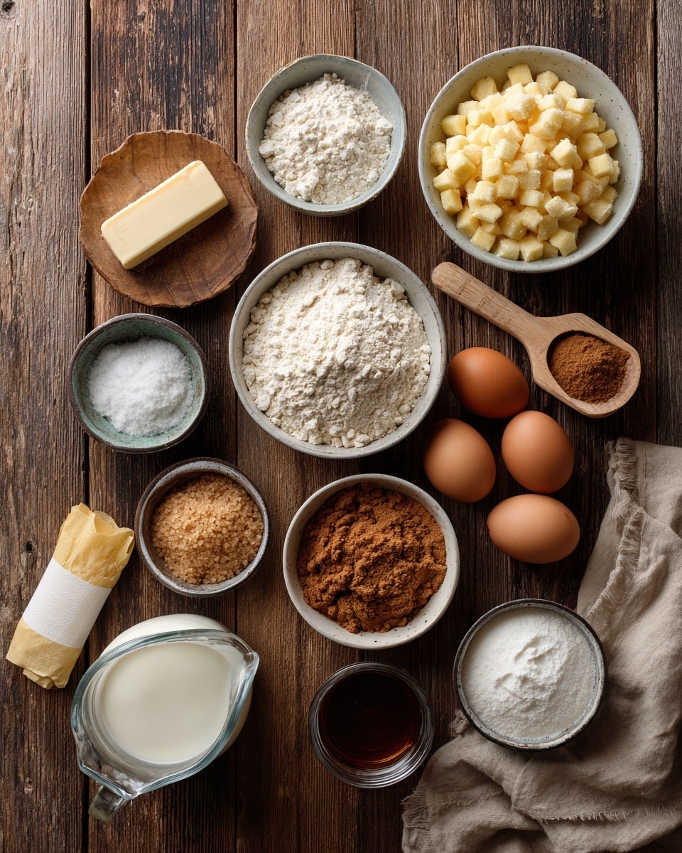 The image shows various baking ingredients neatly arranged on a rustic brown wooden surface with a small beige cloth on the bottom right. There are three white bowls of different sizes, one filled with light yellow chopped apples at the top right, one with white all-purpose flour near the center-left, and another with white granulated sugar below that. A small round metal container holds ground cinnamon near the top center. A wooden scoop filled with light brown sugar is placed to the right of the flour bowl, with a small metal cup of brown sugar just below it. At the bottom left, there is a clear glass jug containing white milk with an unsalted butter stick wrapped in yellow paper nearby, two large eggs below the flour, and a small metal cup with dark brown vanilla extract next to the eggs. Two more small metal cups hold white baking powder and salt near the bottom center, and another small metal cup with more ground cinnamon is at the bottom right. The entire scene is laid out on a rustic wood background, with soft natural lighting and clear labels near each ingredient photo taken with an iphone --ar 4:5 --v 7