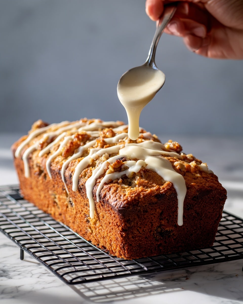 A golden-brown loaf cake with a rough, crumbly top texture sits on a black cooling rack over a white marbled surface. The cake has irregular pieces of baked fruit or nuts baked into the top layer, creating a textured look. A woman's hand holds a silver spoon over the cake, drizzling thick, pale cream-colored icing with a smooth consistency in thin lines across the top. The lighting is bright and natural, highlighting the warm colors and textures of the cake and icing. photo taken with an iphone --ar 4:5 --v 7