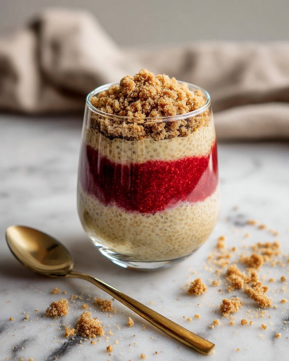 A clear glass filled with three visible layers: the bottom layer is a bright red fruit puree, the middle layer is a creamy chia pudding with a beige color and visible chia seeds, and the top layer is a crumbly light brown streusel topping scattered generously. The glass sits on a white marbled surface with some streusel crumbs around it, alongside a shiny golden spoon. The background includes a blurred beige cloth. Photo taken with an iphone --ar 4:5 --v 7