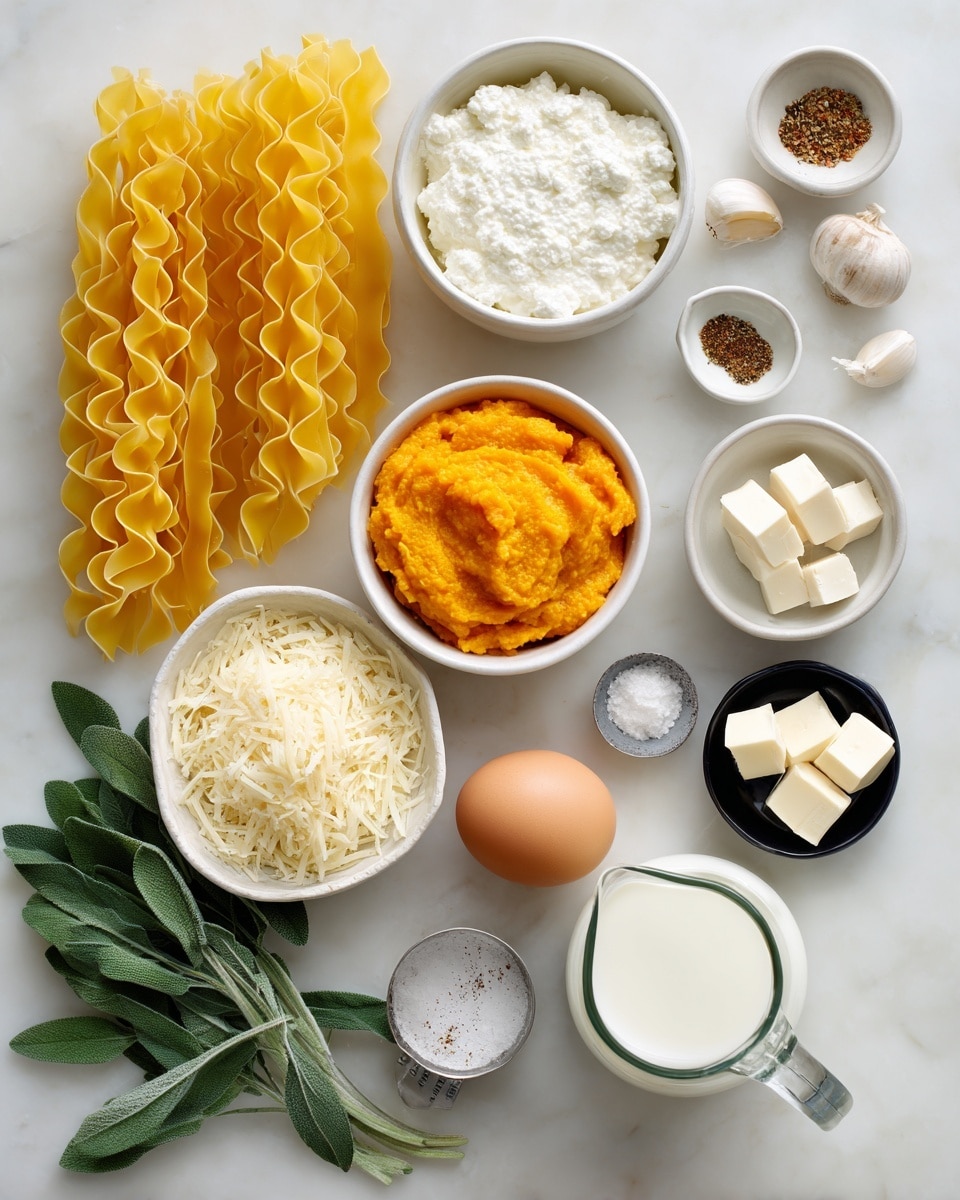 The image shows cooking ingredients on a white marbled surface, split into two sides. On the left side, there are yellow, wavy lasagna noodles stacked upright, a white bowl with orange mashed butternut squash, a small white bowl with white ricotta cheese, and a clear small bowl with salt and pepper. Below that, fresh green sage leaves next to a brown egg, and a wide white bowl filled with shredded mozzarella cheese. A metal measuring cup with grated parmesan is also visible. On the right side, there's a small black bowl with white butter blocks, a small white bowl with white flour, a small white bowl with spices (cayenne pepper, salt, black pepper, nutmeg), fresh green sage leaves, two garlic cloves, a small white bowl with more parmesan, and a clear jug filled with white milk. All ingredients are neatly placed with visible labels. Photo taken with an iphone --ar 4:5 --v 7
