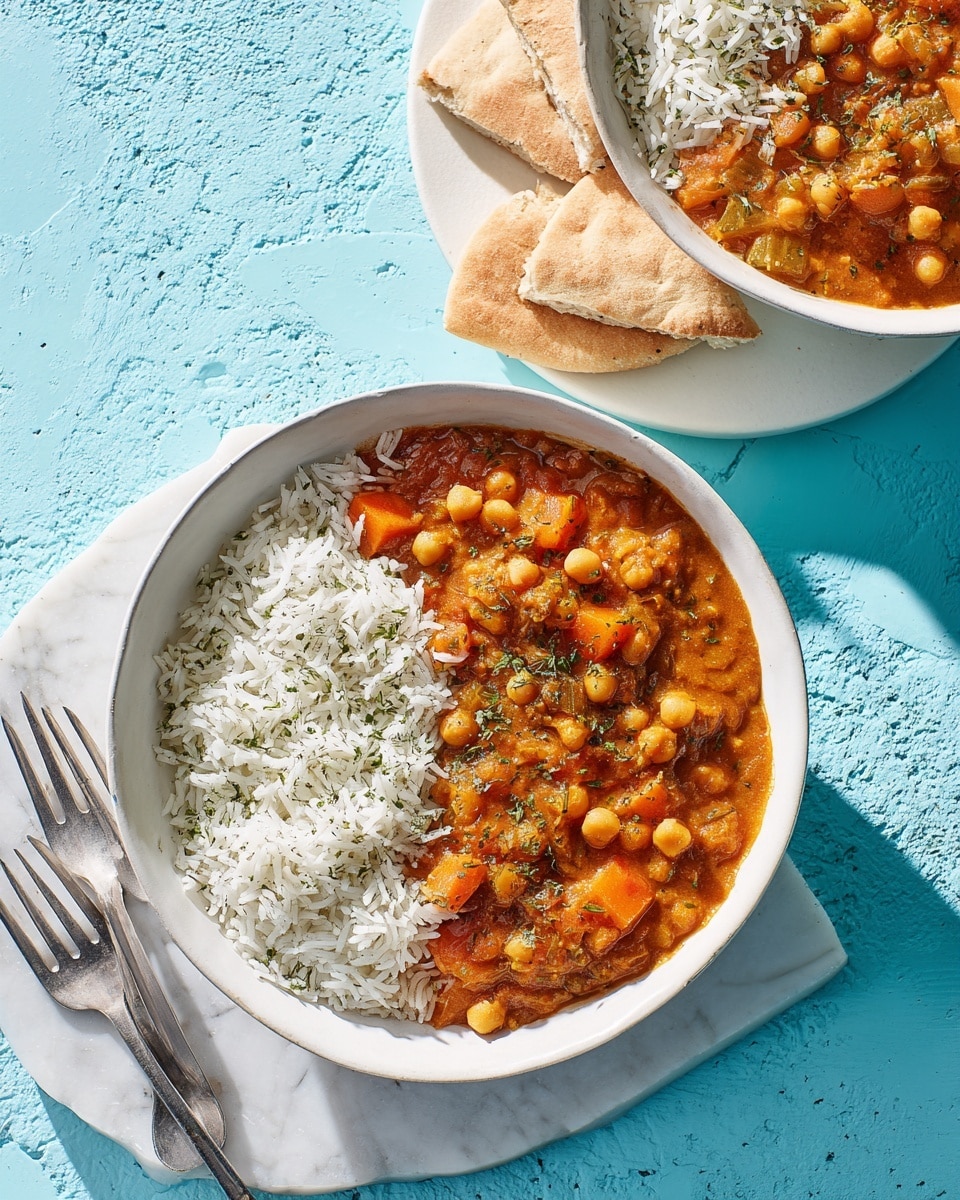 Two white round bowls contain a layered dish with white rice on one side, sprinkled lightly with green herbs, and a thick, orange-brown stew with visible chunks of vegetables and chickpeas on the other side. The stew has a soft, chunky texture with hints of green herbs on top. To the left on a white marbled surface, several pieces of folded white bread lay stacked on a white rectangular plate. The background shows a bright blue textured surface contrasting with the food. Two silver forks rest near the bottom left corner. Photo taken with an iphone --ar 4:5 --v 7
