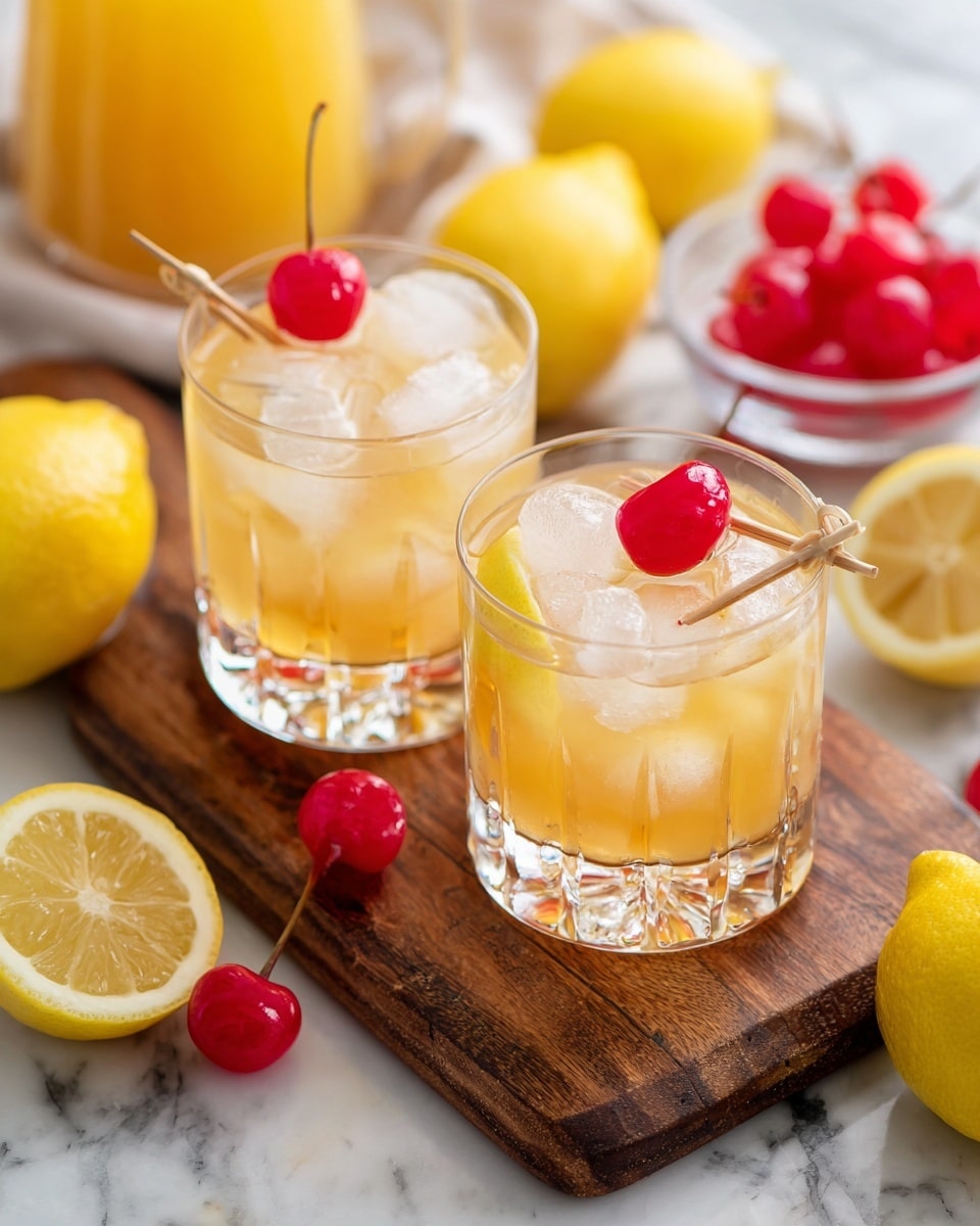 The image shows two short clear glasses filled with pale golden drink and large ice cubes, placed on a dark wooden board over a white marbled surface. Each glass has a round red cherry on a small wooden stick resting on the ice. Around the board, there are fresh yellow lemon halves and whole lemons, along with a small clear bowl filled with red cherries. A large glass pitcher with orange juice is partly visible in the background. The scene looks fresh, bright, and inviting. photo taken with an iphone --ar 4:5 --v 7
