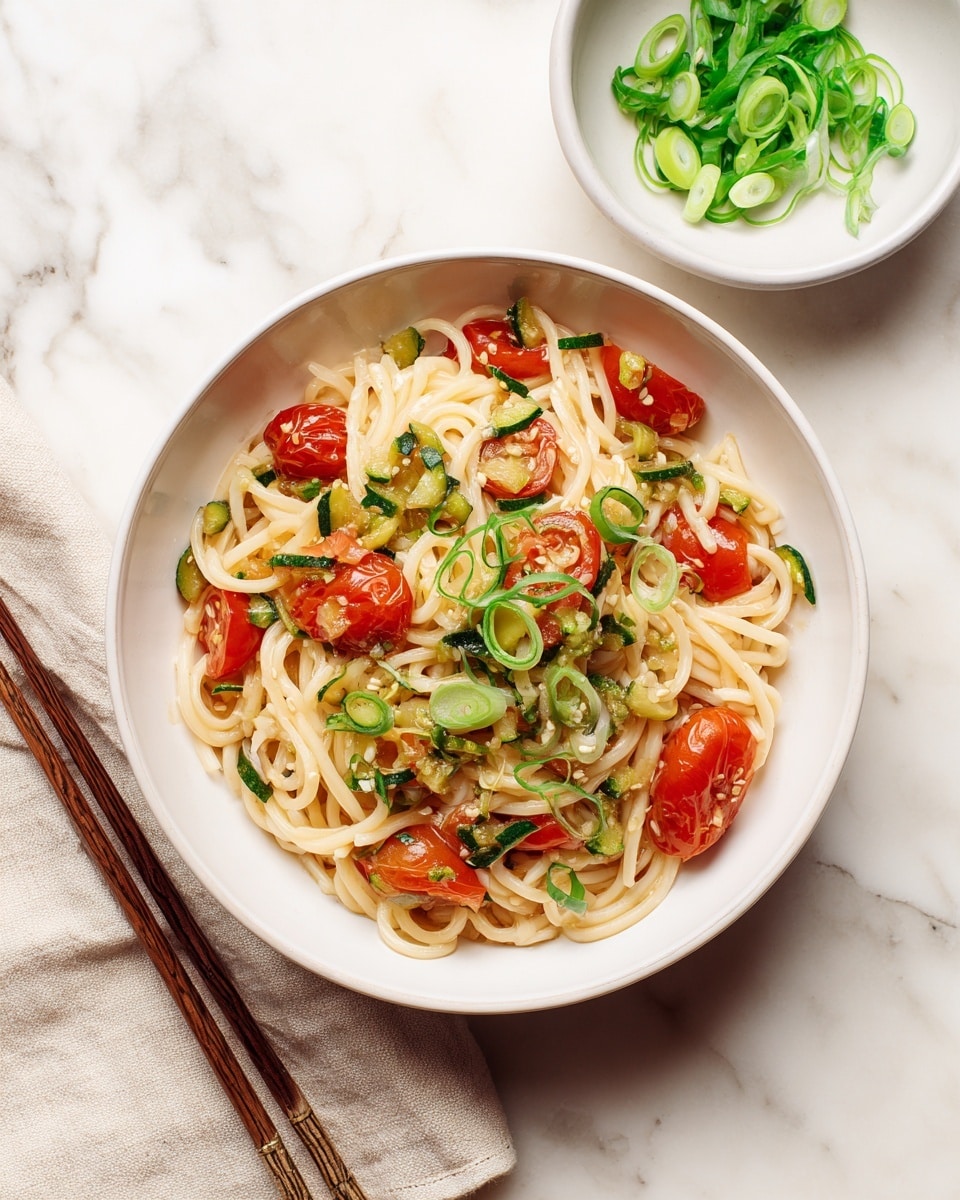 A white bowl filled with thick, pale yellow noodles forms the base layer, topped with bright red cherry tomato halves and small, irregular chunks of green zucchini scattered evenly across the noodles. Thin slices of light green spring onion rings are placed on top, adding a fresh touch. Two wooden chopsticks rest on the edge of the bowl, angled slightly outward. To the right, a small white bowl contains more chopped spring onions. The setting is on a white marbled surface, with part of a beige cloth visible at the bottom left corner. Photo taken with an iphone --ar 4:5 --v 7
