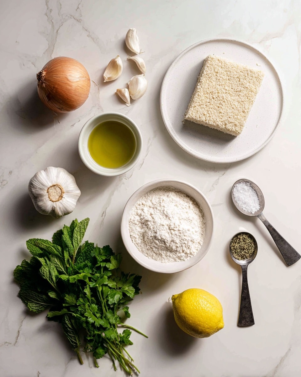 The image shows an overhead view of ingredients neatly arranged on a white marbled surface. On the top left is a whole sweet onion, next to three garlic cloves. To the right is a square block of plant-based ground, placed on a white plate. Below them is a white bowl filled with light tan panko breadcrumbs. To the right of the bowl is a small clear glass container with golden olive oil. Underneath, a white bowl holds white all-purpose flour. A fresh green bunch of parsley and mint is positioned on the bottom left. Next to the herbs is a whole yellow lemon. At the bottom right, two metal measuring spoons hold salt and dried oregano, the salt is white and the oregano is greenish-brown photo taken with an iphone --ar 4:5 --v 7