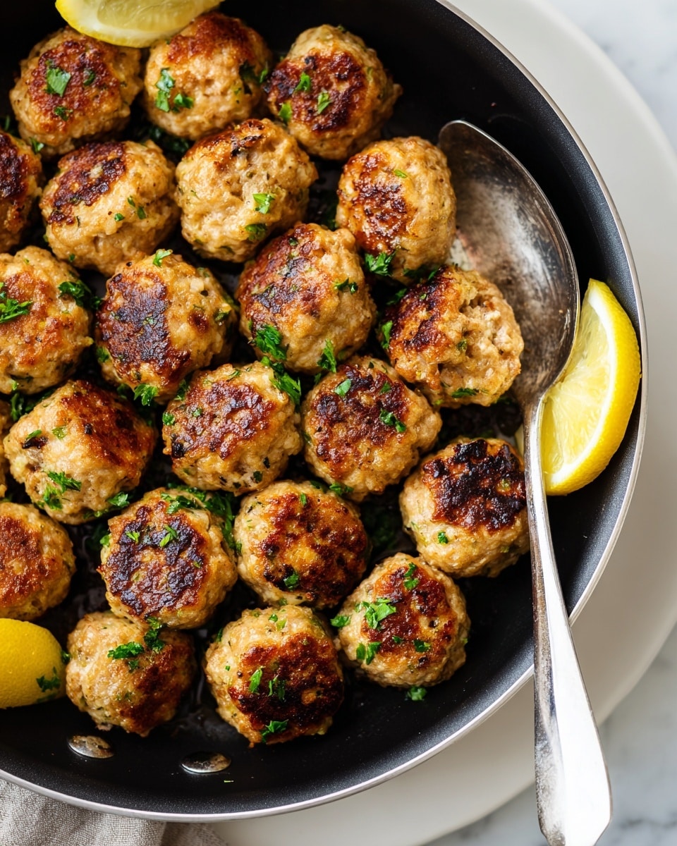 The first part of the image shows many golden-brown round meatballs with small green bits on them, arranged closely together in a black pan with a shiny surface. The meatballs have a slightly rough texture with some darker charred spots. The second part shows these same meatballs served on a white plate with a smooth, plain surface. They are piled in a slightly messy stack, with a silver spoon partially visible under them on the right side. There are small bright green herb leaves sprinkled lightly over the meatballs and thin lemon slices placed at the edges of the plate. The background is a white marbled texture. photo taken with an iphone --ar 4:5 --v 7
