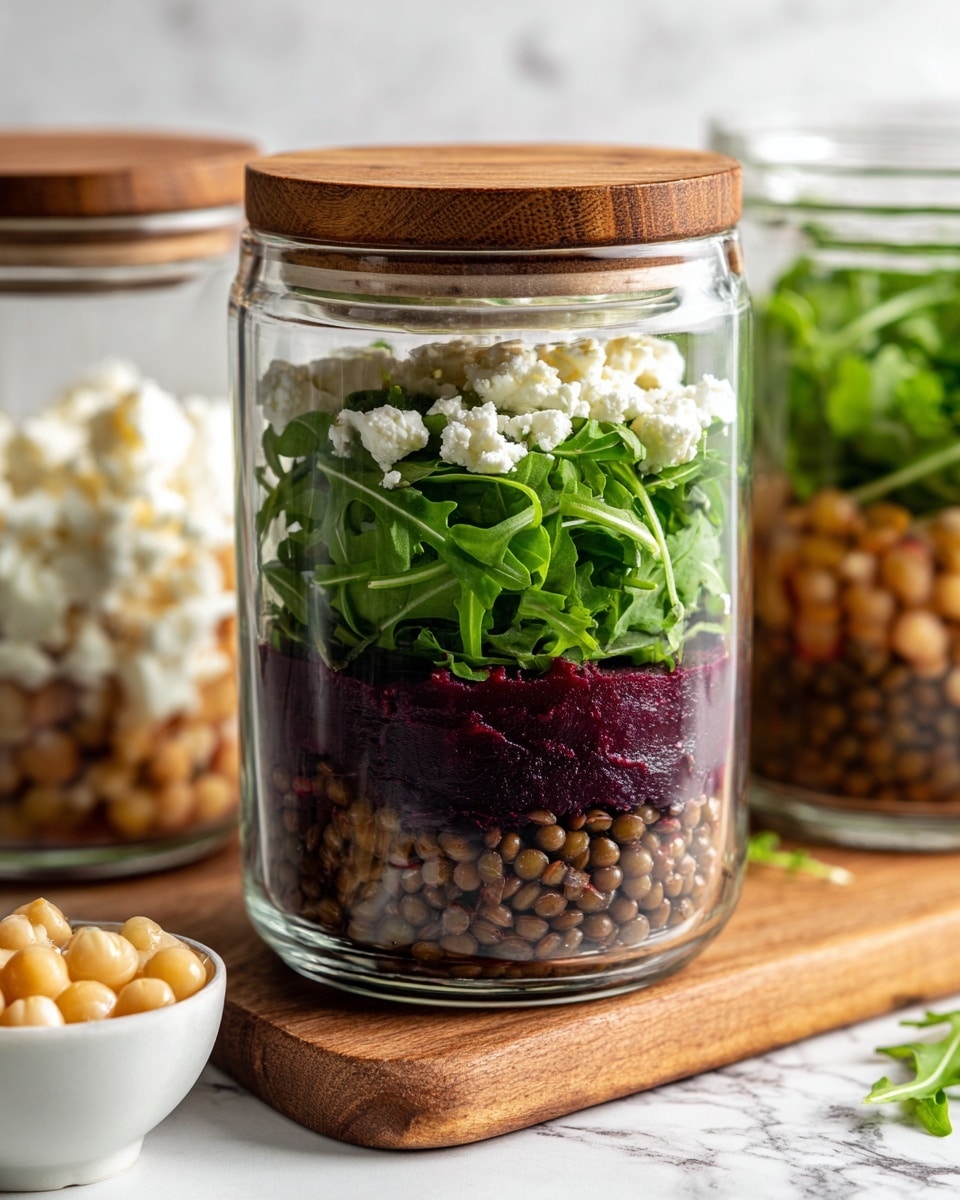 A clear glass jar with a wooden lid is filled with four distinct layers: the bottom layer is made of cooked lentils which are brown and slightly shiny, above it is a layer of dark purple chopped beets, followed by a thick layer of bright green leafy arugula, and the top layer has small crumbles of white cheese. The jar is placed on a wooden board with part of a second jar visible on the left. In the foreground, a small white bowl contains pale yellow nuts or beans. The background features a white marbled surface. Photo taken with an iphone --ar 4:5 --v 7