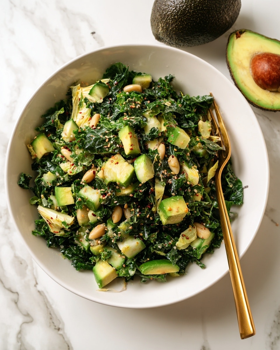 A white bowl contains a colorful salad arranged in seven clear layers: bright green chopped kale at the bottom, topped with chunks of light green avocado, light brown beans, thin green cucumber slices, pale yellow artichoke pieces, dark green pumpkin seeds, creamy hemp seeds, and light brown sunflower seeds, all resting on a white marbled surface. The second image shows the same ingredients mixed together, creating a textured mix of green kale and avocado with scattered beans, cucumber slices, and seeds, seasoned lightly with black pepper. photo taken with an iphone --ar 4:5 --v 7