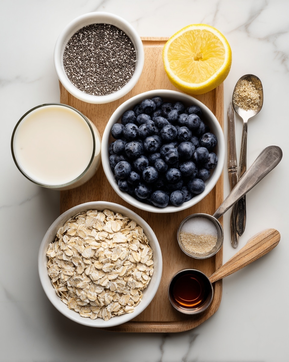 A top view of ingredients arranged on a white marbled surface with a wooden board in the middle holding a small white bowl of black and white chia seeds at the top left, a larger white bowl filled with frosted frozen blueberries below it, and a white bowl fully filled with light beige rolled oats at the bottom. To the left of the board is a glass filled with creamy off-white non-dairy milk, and a halved bright yellow lemon sits on the board next to the bowls. On the right side, three wooden measuring spoons with metal cups hold dark maple syrup, vanilla extract, and light brown salt, placed neatly from bottom to top. The overall look is clean and organized with fresh natural colors photo taken with an iphone --ar 4:5 --v 7