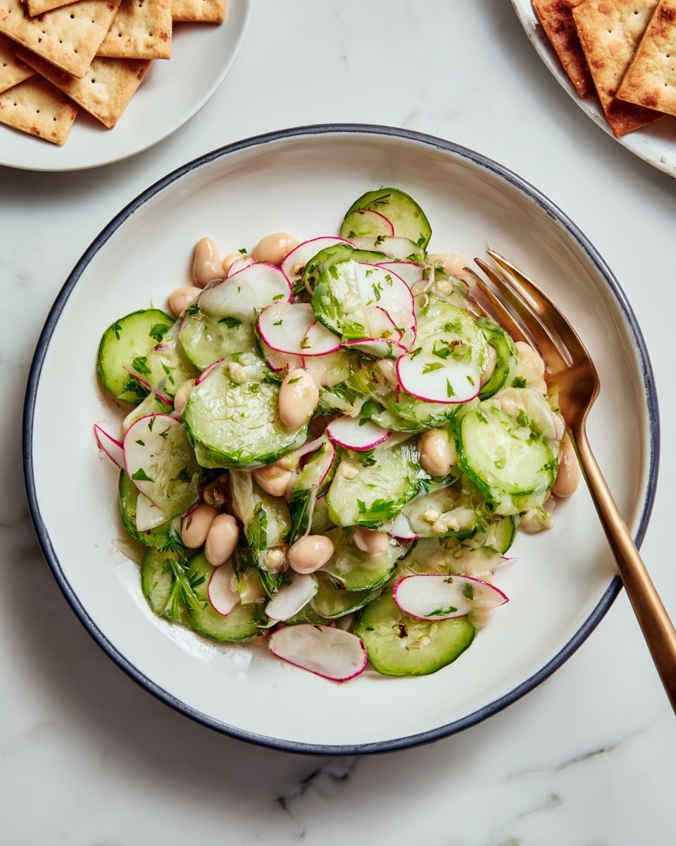Two white plates sit on a white marbled surface, each filled with a fresh salad made of three main layers: a base layer of light beige white beans, a middle layer of thinly sliced green cucumbers with dark green skin, and a top layer of thin white and purple strips of radish mixed with small green dill leaves scattered evenly. The salad has a light sprinkle of black pepper for texture and is mixed with thin white onion slices. A third white plate on the top right holds some triangular brown pita chips. A woman's hand with a fork is touching the salad on one plate. A halved lemon rests on the bottom left of the surface. Photo taken with an iphone --ar 4:5 --v 7