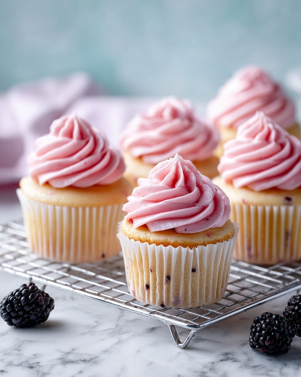 A white cupcake with black poppy seeds is shown turned on its side, resting on a thick swirl of bright pink frosting at the bottom. The cupcake has a soft, fluffy texture with a light yellow inside and tiny black poppy seeds throughout. In the background, there is another cupcake with the same bright pink frosting on top, and a clear glass filled with white milk, all set on a white marbled surface. Photo taken with an iphone --ar 4:5 --v 7