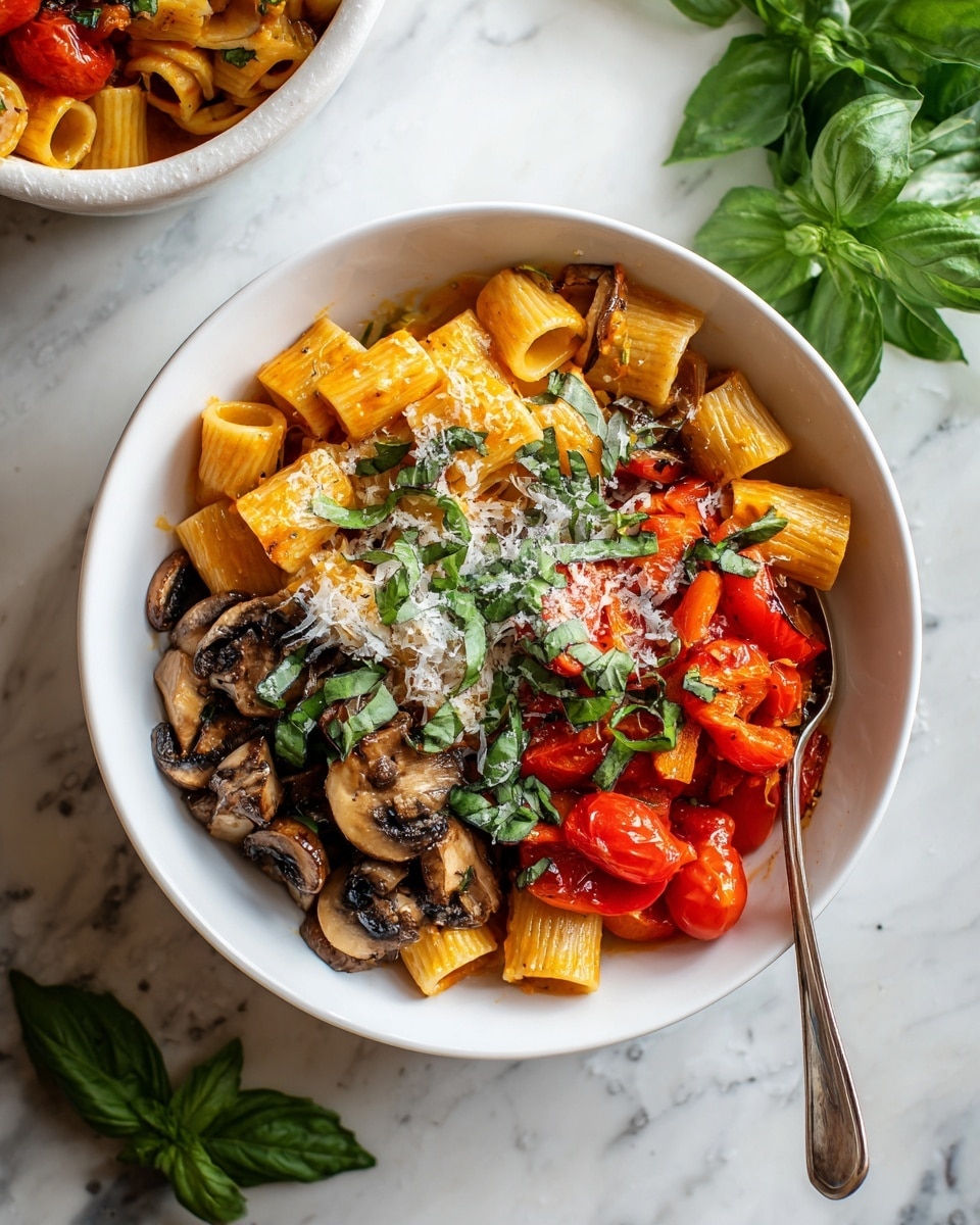 This image shows a close-up of rigatoni pasta mixed with red bell pepper pieces, cherry tomato halves, slices of zucchini, mushroom chunks, and small green basil leaves scattered throughout. The pasta is light yellow with ridges, and the vegetables have a roasted texture with some char marks. A gray spatula with a wooden handle is placed among the pasta, lifting some of it. The whole scene is set against a white marbled surface. photo taken with an iphone --ar 4:5 --v 7