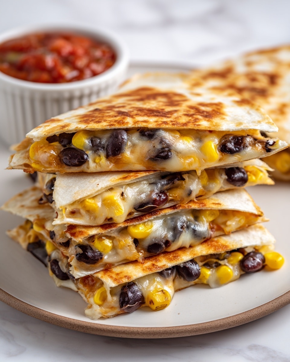 A stack of three quesadilla slices sits on a round white plate with a white marbled surface underneath. Each quesadilla layer is golden brown and thin, filled with melted light yellow cheese, black beans, and yellow corn kernels, which are visible oozing slightly at the edges. The melted cheese creates a stretchy texture between the layers, while the black beans and corn add a mixed pattern of black and bright yellow inside. In the background, a small white ramekin holds some chunky red salsa. Photo taken with an iphone --ar 4:5 --v 7