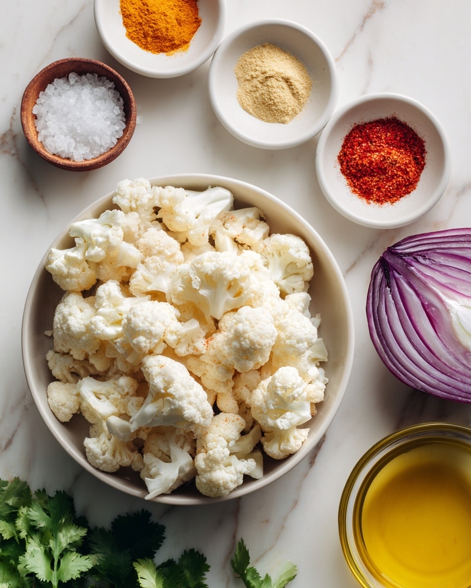 A white bowl filled with many small, white and creamy cauliflower florets sits in the center of the image. Above the bowl, four small white round bowls are placed in a row, each holding a different fine powder: bright orange curry powder, light yellow onion powder, pale beige garlic powder, and bright red ground chili powder. To the right side, there is a half of a red onion showing purple and white layers. Below the onion, a small white bowl contains coarse white salt, and next to it is a transparent white bowl filled with golden yellow avocado oil. In the bottom left corner, fresh green cilantro leaves lay on the white marbled surface. The background is white marble, adding a clean and elegant contrast. Photo taken with an iphone --ar 4:5 --v 7