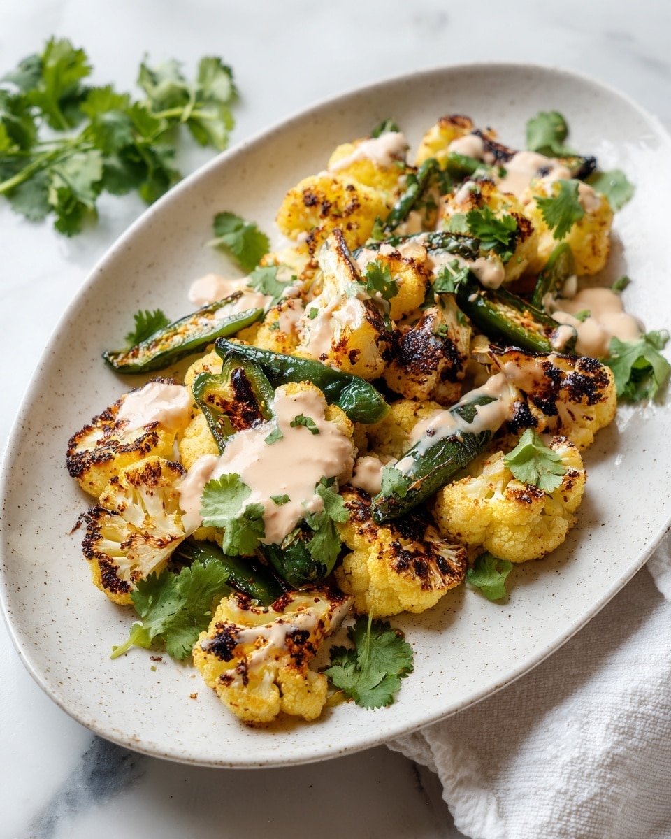 The dish shows roasted cauliflower pieces that are golden brown with some darker charred spots, arranged on a speckled white rectangular plate. Mixed in are chunks of roasted green bell pepper that have softened and darkened with cooking. There are fresh green parsley leaves scattered on top for color contrast. A silver spoon is placed on the top right side of the plate holding some cauliflower and peppers. The plate rests on a white marbled surface with bits of fresh parsley and some chickpeas in a white bowl at the edges. The photo taken with an iphone --ar 4:5 --v 7