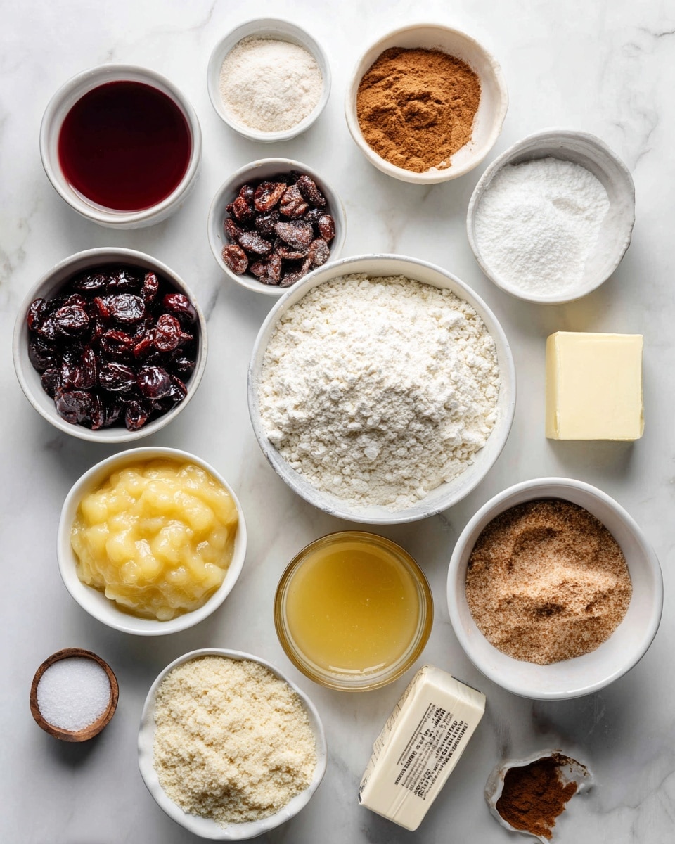 The image shows twelve small white bowls and a stick of vegan butter arranged on a white marbled surface. The largest bowl in the middle right is full of white all-purpose flour. Above it, a small bowl contains a mix of white baking powder, baking soda, salt, and ground cinnamon in powder form with different shades of white and light brown. To the left of the flour bowl, there is a white bowl filled with dark red dried cherries. Below the cherries, a bowl holds a yellow smooth unsweetened apple sauce. To the right of the apple sauce, there is a glass of dark red cherry juice. Above the cherry juice and below the flour bowl, a white bowl contains fine white powdered sugar. To the right of the powdered sugar, a small white bowl is filled with turbinado sugar with a rough, light brown texture. Above the cherries and apple sauce bowls, there is a small white bowl with dark brown dark brown sugar, and beside it is a tiny bowl holding a dark liquid vanilla extract. Next to the flour bowl on the right side is a stick of vegan butter with its wrapper partially opened, showing its cream color. A small cup near the top right contains clear yellow apple cider vinegar. In the bottom left corner, there is a white bowl of sliced almonds with a light brown outer layer and white inside. Below the apple sauce bowl, a glass of creamy white soy milk is placed. Each ingredient is labeled, and a woman's hand is not visible in this image. The background has a soft pink hue. Photo taken with an iphone --ar 4:5 --v 7