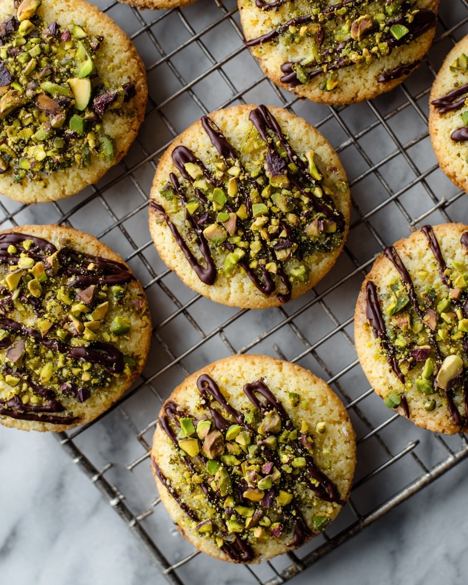 Several round cookies lie on a wire rack, each cookie having one main layer of golden-brown dough. On top, there is a rough layer of crushed green pistachio pieces spread evenly across the surface. Some cookies have an extra layer of dark brown chocolate drizzled in thin stripes on top of the pistachios. The wire rack is placed over a white marbled surface. photo taken with an iphone --ar 4:5 --v 7