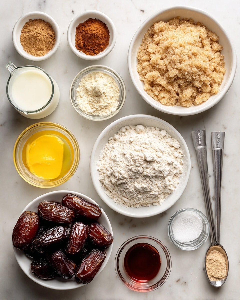 The image shows a top view of various ingredients arranged neatly on a white marbled surface. There are three small white bowls with different powders in light brown, reddish-brown, and beige colors at the upper left. A large white bowl filled with packed light brown sugar is on the upper right, and next to it is a large white bowl filled with white flour. Below is a white measuring cup filled with shiny, dark brown dates. To the left of the dates, there is a clear glass bowl with melted golden yellow butter. At the bottom left, there is a glass of creamy milk. Near the bottom right, three small clear glass containers hold a dark liquid, a reddish-brown liquid, and finely ground light brown powder. Two metal measuring spoons lie horizontally at the bottom right, filled with white powder. photo taken with an iphone --ar 4:5 --v 7