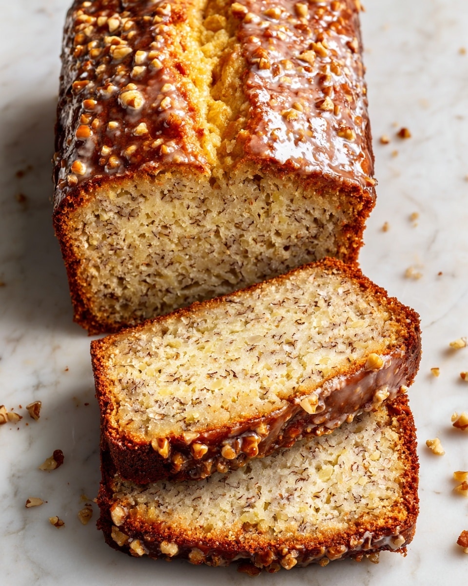 The image shows two thick slices of nut bread on white parchment paper, placed on a white marbled surface. The bread has a golden-brown crust with a soft, yellowish inside dotted with pieces of chopped nuts, mainly in medium and small sizes, spread evenly throughout the bread. Near the slices, there are scattered nuts and a silver spoon holding more of these broken nuts. The texture of the bread looks slightly crumbly but moist. The overall scene is bright and clean, highlighting the texture and pieces of nuts in the bread. Photo taken with an iphone --ar 4:5 --v 7