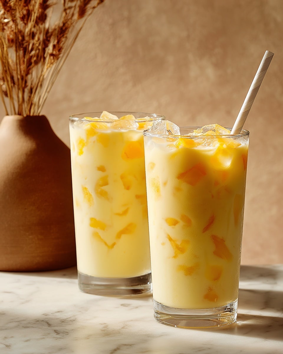Two tall clear glasses filled with a creamy yellow drink containing small orange-yellow chunks and ice cubes on top. Each glass has a straw, with the front one having a white paper straw, and the background shows a warm brown blurred object with a soft, light beige background. The scene is set on a white marbled surface. photo taken with an iphone --ar 4:5 --v 7