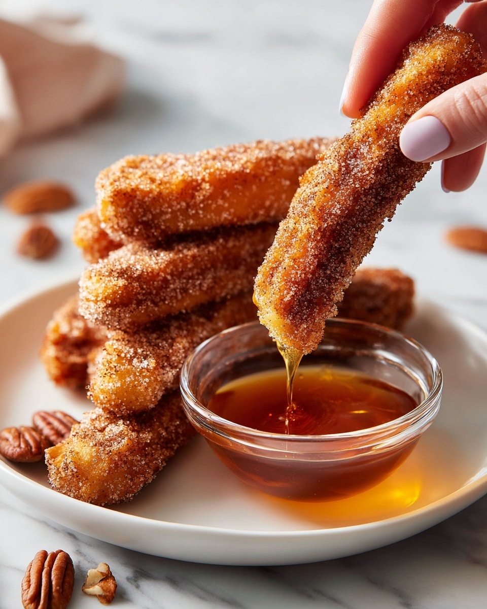 A woman's hand is holding a long, golden-brown fried piece covered in a sugar and spice coating, dipping its end into a small glass bowl filled with amber-colored syrup. The fried pieces are thick with a crispy, textured surface and are stacked unevenly on a white plate. The background shows a few scattered pecans on a white marbled surface. The overall scene is warm and inviting, highlighting the contrast between the crunchy fried pieces and the smooth syrup. photo taken with an iphone --ar 4:5 --v 7