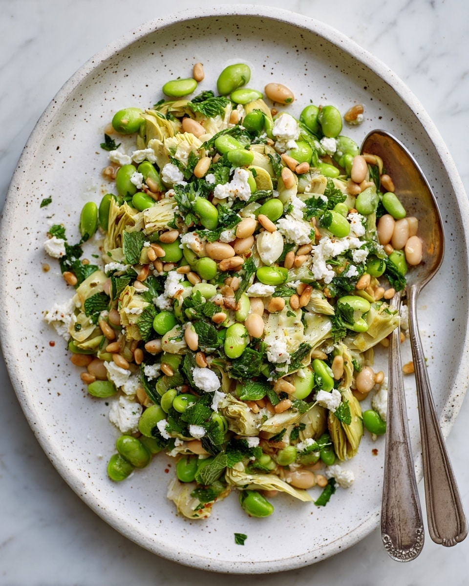 A white speckled plate sits on a white marbled surface filled with a colorful salad made of three main layers: the bottom layer is light green artichoke pieces and pale white beans; the middle layer is bright green edamame and chopped herbs like parsley; the top layer is scattered white crumbled cheese and toasted golden pine nuts. A silver spoon rests on the right side of the plate with some salad on it. Nearby, there is a small black measuring cup holding more pine nuts and a glass of pale yellow liquid. photo taken with an iphone --ar 4:5 --v 7