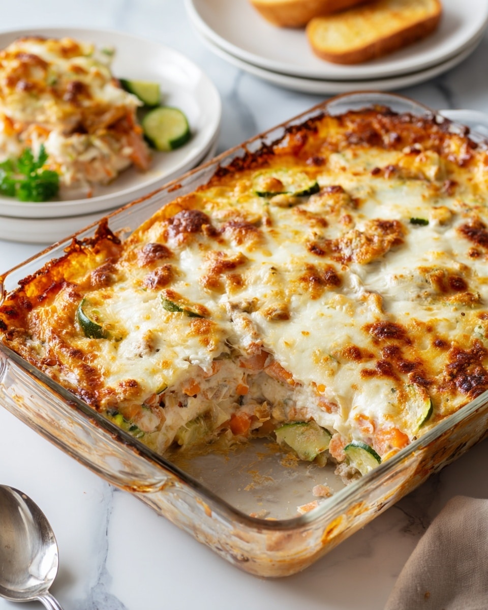 A clear glass rectangular baking dish filled with a golden-brown baked casserole is shown, with a portion missing from the front corner revealing layers inside. The top layer is browned and slightly crispy with melted cheese and browned bits. Beneath the top is a creamy, soft layer with visible small pieces of vegetables like green zucchini and pale orange carrots mixed in a thick, smooth sauce. In the blurred background, a white plate holds a serving of the casserole alongside two golden toasted bread slices and some green leafy garnish. A spoon and fork are partially visible on a white marbled surface beneath everything. Photo taken with an iphone --ar 4:5 --v 7
