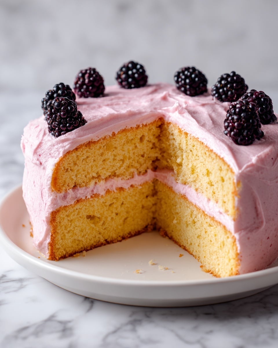 Two thick layers of light yellow sponge cake are stacked on a white plate with brown edges. Between the sponge layers is a pale pink cream filling that looks soft and fluffy. On the side of the cake slice, small purple-black blackberries are placed, adding contrast in color. In the background, a white bowl with more blackberries and another white plate with two flat golden sponge cake pieces can be seen slightly blurred. A bright pink flower and beige cloth with tassels lay on the white marbled surface near the plate. A fork rests next to the cake slice. Photo taken with an iphone --ar 4:5 --v 7