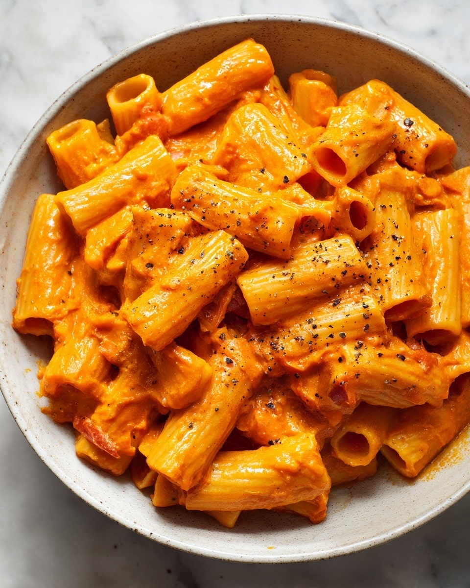 The image shows two white bowls on a white marbled surface. The bowl in the front contains a creamy, thick orange sauce speckled with tiny herbs and black pepper, and a metal ladle resting inside. The bowl in the back holds plain, cooked short tube pasta that is pale yellow and smooth in texture. The focus is sharp on the sauce with the pasta blurred softly in the background. photo taken with an iphone --ar 4:5 --v 7