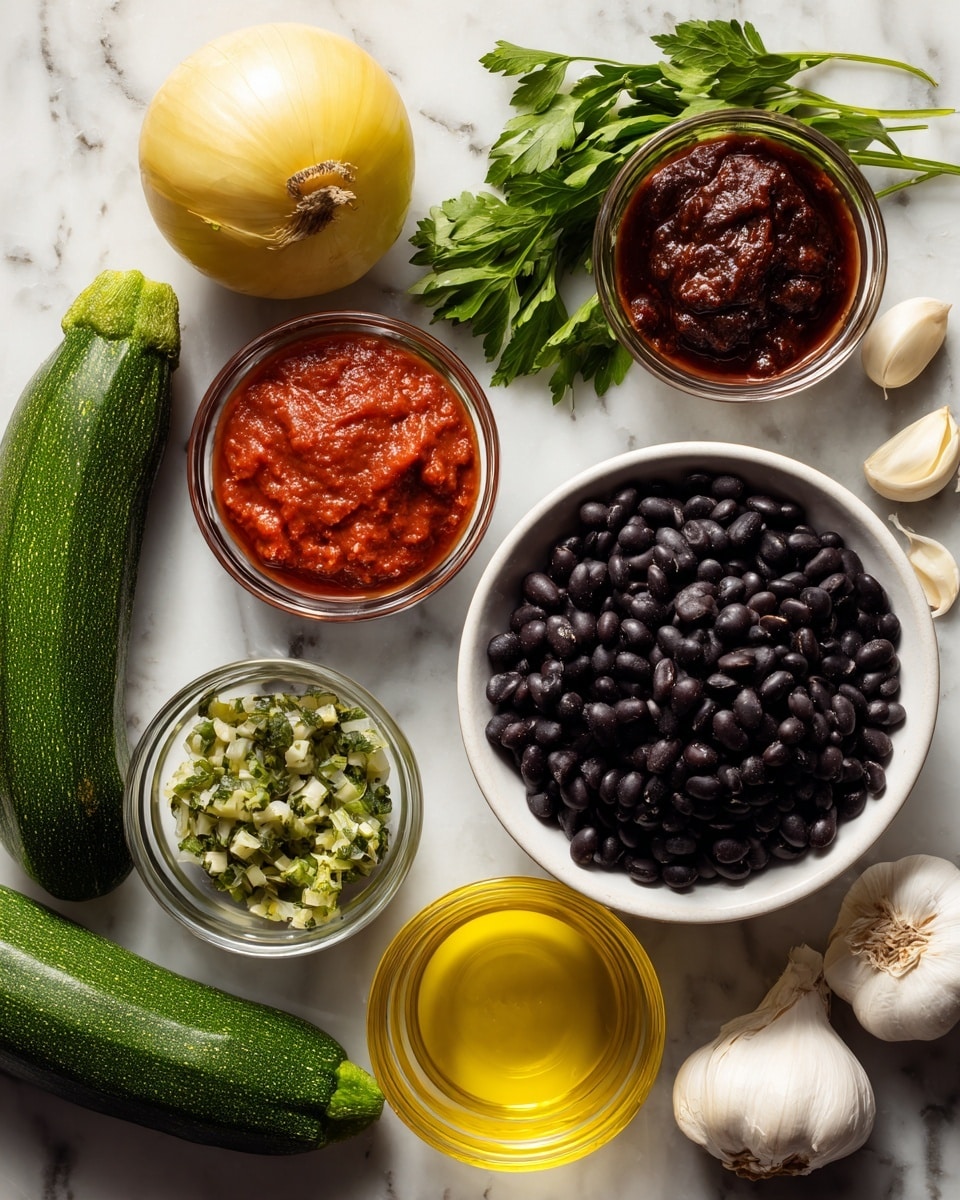 A white bowl filled with shiny black beans sits near the middle right of the image, with a whole yellow onion to the left and a whole green zucchini below it. Above the beans, fresh green parsley leaves and stems spread out towards the right. Near the center are small glass bowls holding thick vibrant red tomato paste, chopped green chili in oil, and a deep reddish-brown sauce, arranged in a diagonal line from the middle left to the bottom right. Below the sauce bowl is another glass bowl filled with golden yellow olive oil. On the right side of the image, three peeled garlic cloves and an unpeeled whole garlic bulb are placed. The surfaces and background feature a white marbled texture. Photo taken with an iphone --ar 4:5 --v 7