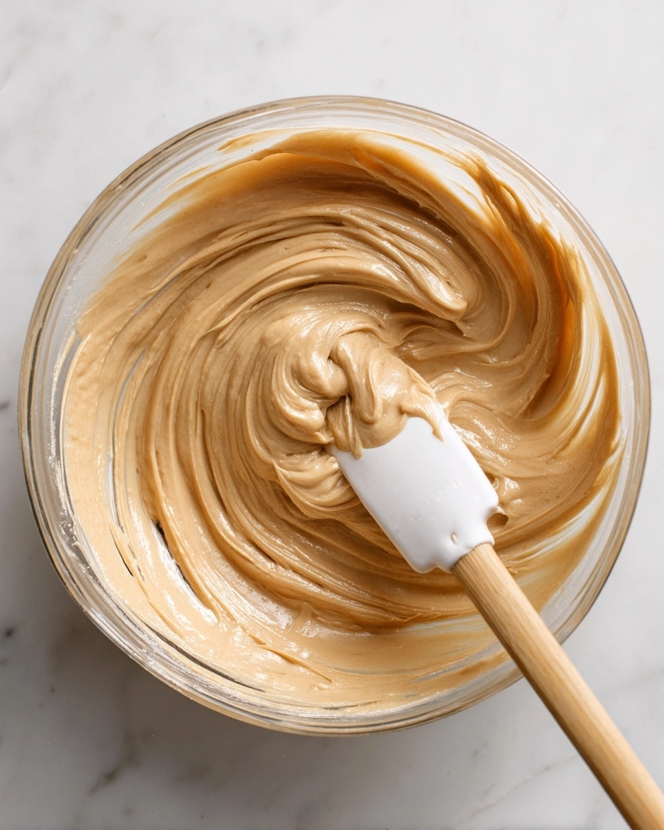 A clear glass bowl filled with smooth light brown batter, showing thick and creamy texture with swirls made by a white spatula that has a wooden handle, partially dipped into the mixture, placed on a white marbled surface photo taken with an iphone --ar 4:5 --v 7