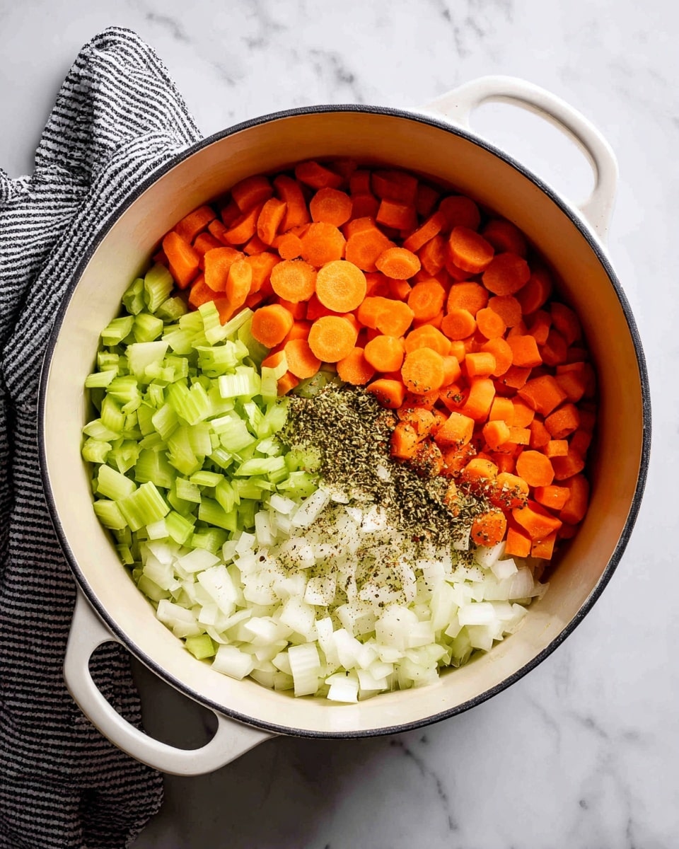 A white pot sits on a white marbled surface, filled with four separate layers of chopped vegetables inside. On the top left side is a bright orange layer of sliced carrots with a smooth texture. On the top right side is a layer of light green chopped celery with a slightly curved, crunchy texture. The bottom left side holds a layer of white chopped onions, looking soft and slightly translucent. The bottom right side shows small bits of black pepper sprinkled over the onion layer. A black and white striped towel rests near the pot. Photo taken with an iphone --ar 4:5 --v 7