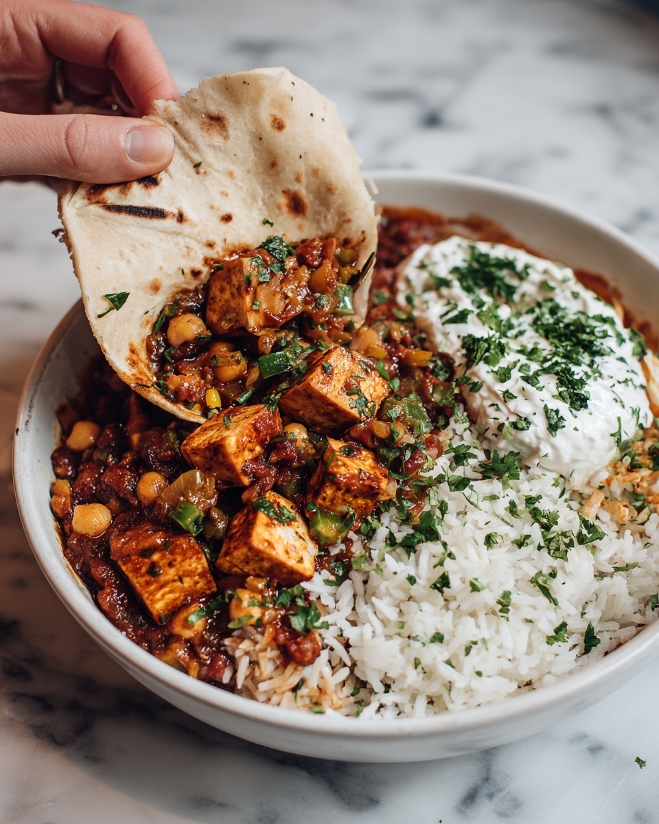 A white bowl is filled with three visible layers: at the bottom, there is a layer of fluffy white rice scattered with small green herbs; on top, thick pieces of golden-brown tofu and light beige chickpeas are mixed into a rich, dark reddish-brown sauce with bits of green herbs and small diced vegetables, creating a hearty stew; to the side, a dollop of smooth white yogurt garnished with fresh green herbs adds contrast. A woman's hand is lifting a soft, lightly toasted tortilla, folding it with some of the stew inside, showing the sauce-coated chickpeas and tofu inside the fold. The bowl sits on a white marbled surface. photo taken with an iphone --ar 4:5 --v 7