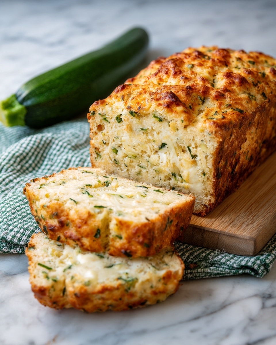 A loaf of savory bread sits on a wooden board with a green and white checkered cloth nearby and a fresh green zucchini on the side. The bread has a golden-brown, slightly crunchy crust on top with a textured surface showing bits of herbs and cheese. Four slices from the loaf are laid out in front, revealing a soft, light yellow inside with small green herb pieces and melted cheese spread evenly throughout. The bread looks moist and fluffy inside, contrasting with the crisp top crust. The photo taken on a white marbled texture photo taken with an iphone --ar 4:5 --v 7