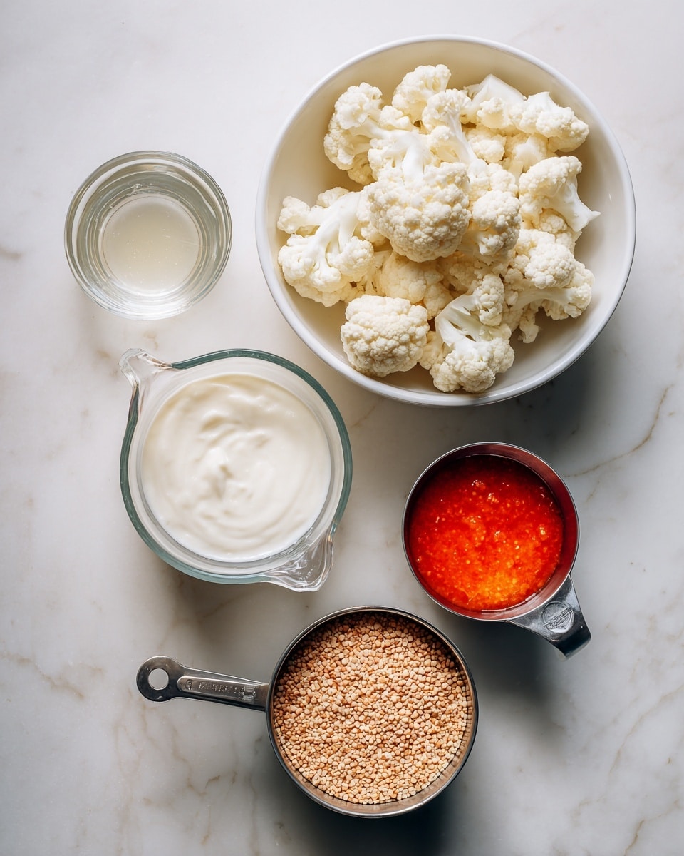 The image shows five bowls and measuring cups arranged on a white marbled surface. At the top right, a white bowl is full of white cauliflower pieces with a rough texture. Below it to the left, a smaller white bowl holds a thick, smooth white cream. At the bottom left, a glass measuring cup contains a clear, light liquid, likely water or broth. To the right of it, a metal measuring cup is filled with small, round, beige grains with a rough texture. Above this cup and to the right, another metal measuring cup holds bright red-orange sauce or liquid. All containers are neatly placed in a loose circular pattern. The light is soft and natural, highlighting the colors and textures photo taken with an iphone --ar 4:5 --v 7