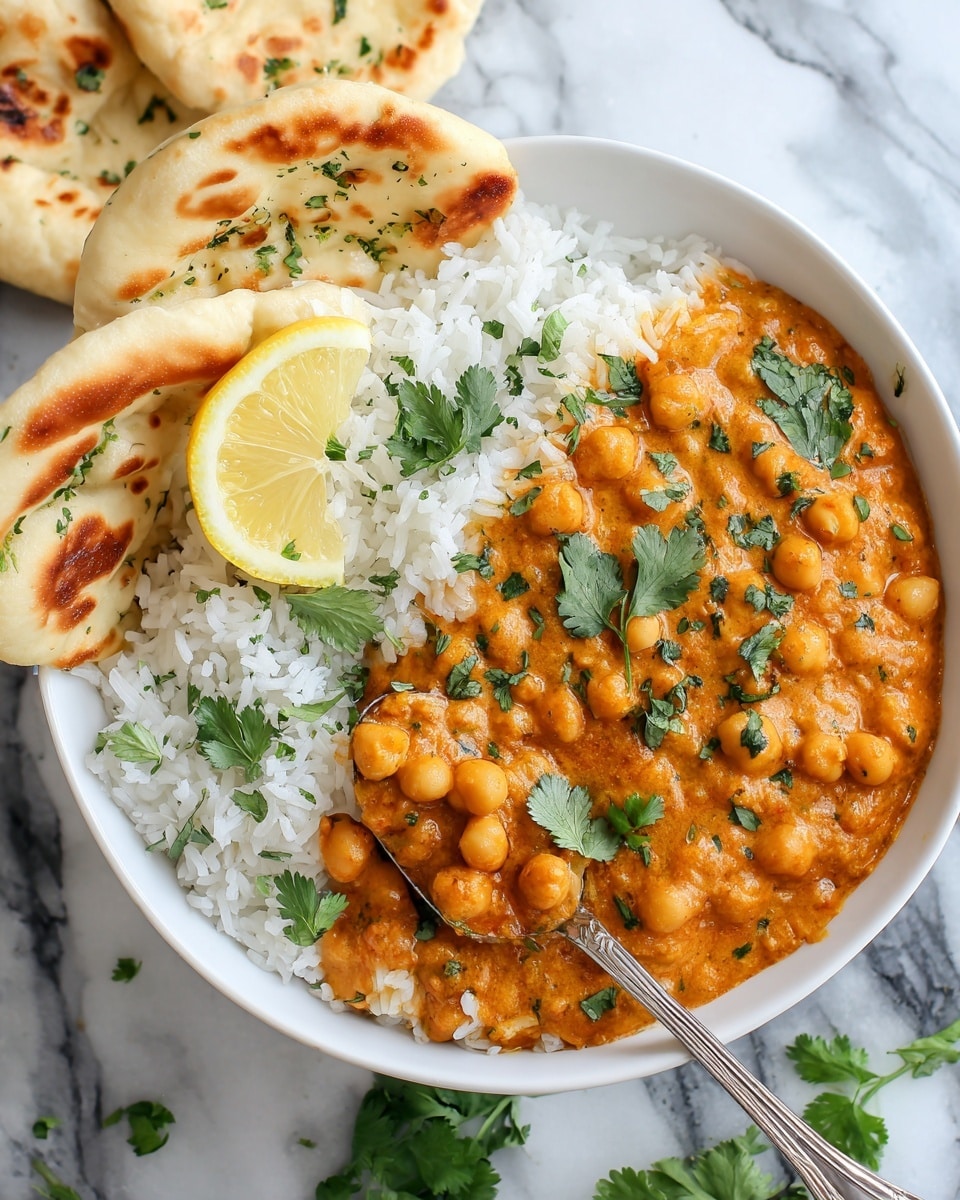 A white bowl filled with two main layers: the bottom layer has fluffy white rice, and the top layer is a rich orange chickpea curry with a creamy texture and whole chickpeas visible. The curry is garnished with several fresh green cilantro leaves on top, and a slice of bright yellow lemon sits at the edge of the bowl. A spoon in the bowl lifts some of the curry mixed with rice. Next to the bowl are two pieces of golden brown naan bread, resting on a white marbled surface with some cilantro sprigs scattered around. Photo taken with an iphone --ar 4:5 --v 7