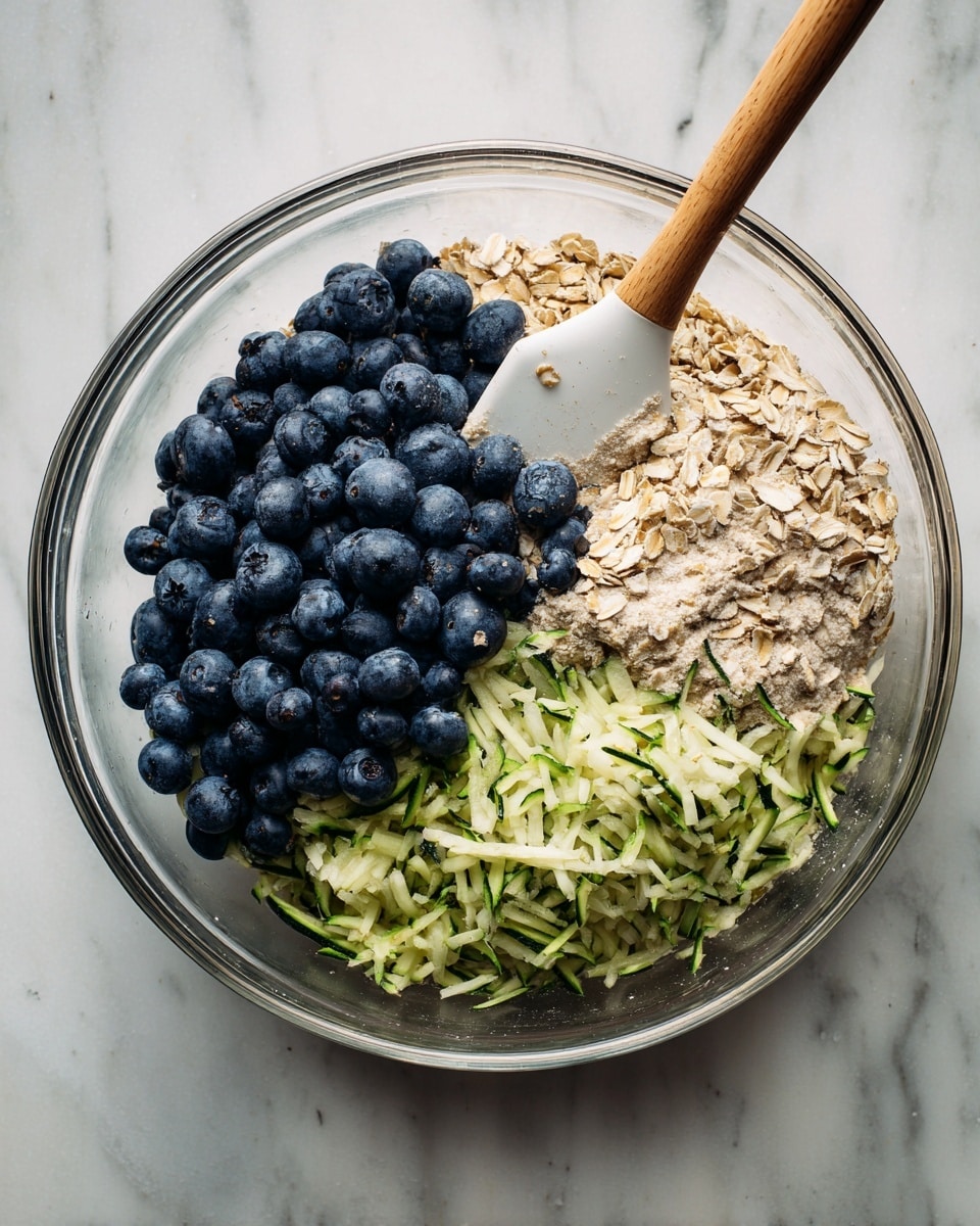 A clear glass bowl sits on a white marbled surface, filled with three main visible layers of ingredients. On the left side is a heap of fresh, dark blue blueberries with a smooth round texture. To the right of the blueberries is a pile of thinly shredded zucchini, pale green with darker green skin strips, looking fresh and slightly moist. On the top half of the bowl is a spread of light brown rolled oats resting on a light brown wet mixture beneath, giving a slightly uneven texture. A white spatula with a wooden handle rests inside the bowl, partly covered by oats and blueberries. photo taken with an iphone --ar 4:5 --v 7