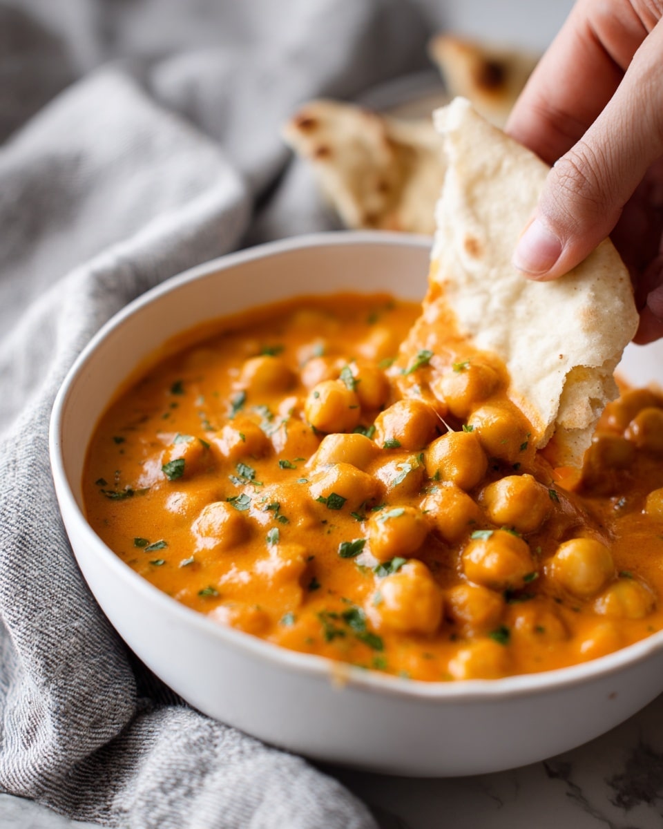 A close-up view of a white bowl filled with a thick orange curry showing small round chickpeas evenly mixed in a creamy sauce with a smooth texture that has small green herb pieces sprinkled on top. A woman's hand is dipping a piece of soft beige flatbread into the curry, lifting a portion that drapes over the bread. The background shows a soft gray fabric and a white marbled surface under the bowl. photo taken with an iphone --ar 4:5 --v 7