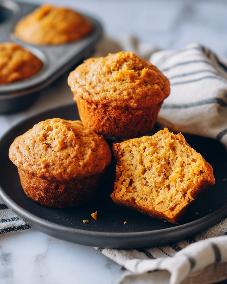 The image shows three warm golden brown muffins on a dark plate placed on a white marbled surface with a striped cloth partially visible under a metal muffin tray holding one more muffin. One muffin is broken into two pieces revealing a soft, light brown, moist inside with a rough texture. The muffins have a slightly cracked top with a dense, crumbly texture and warm orange-brown color. photo taken with an iphone --ar 4:5 --v 7