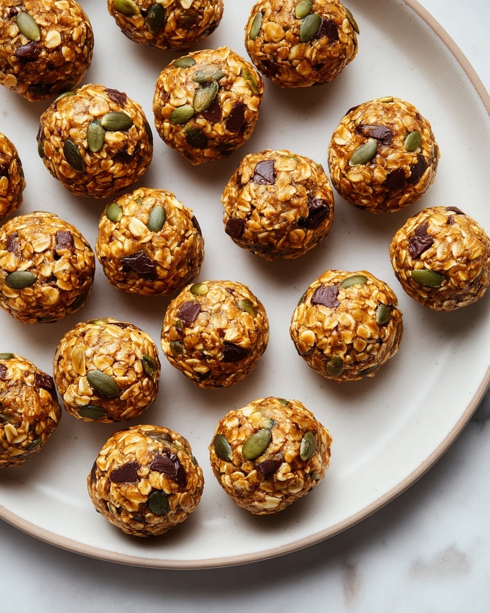 A white plate filled with about 20 small round energy balls stacked in the center, each ball textured with visible oats, small dark chocolate chips, and green pumpkin seeds, showing a rough but compact surface. A few energy balls and loose pumpkin seeds are scattered around the plate. In the background on a white marbled surface, there is a small white bowl filled with dark chocolate chips and another small pile of pumpkin seeds partially visible at the bottom right. Photo taken with an iphone --ar 4:5 --v 7