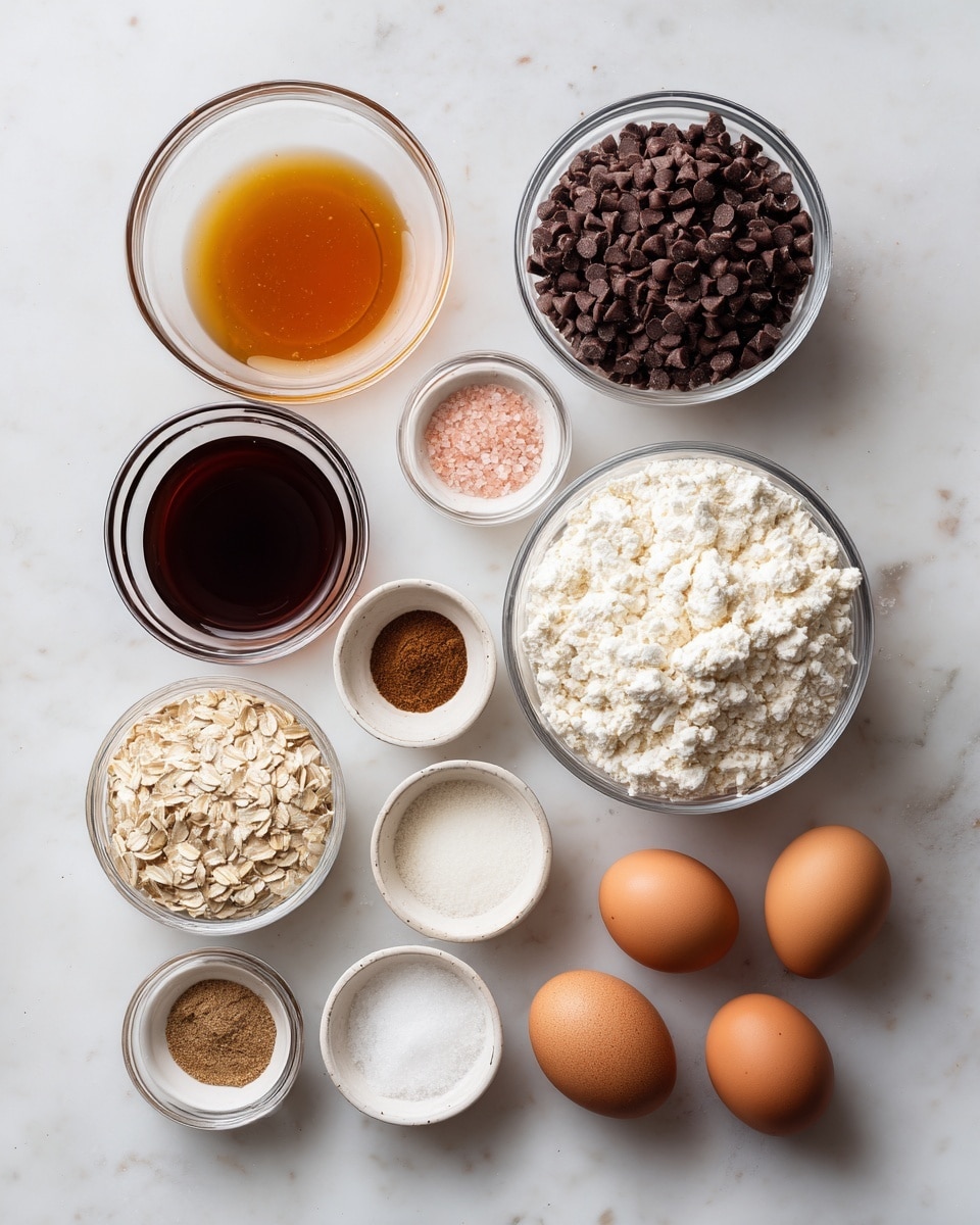 The image shows a flat layout of baking ingredients on a white marbled surface. There are nine glass bowls and two brown eggs arranged neatly. At the top right is a bowl filled with dark brown chocolate chips. To its left is a bowl with a golden-brown syrup. Below the syrup is a bowl with dark brown vanilla extract. Next to the vanilla extract, there is a small bowl of pink salt and another small bowl of white baking powder. At the bottom left is a large bowl filled with light beige rolled oats. To its right is a large bowl of white cottage cheese. Below these, there is a small bowl with a mix of light brown spices and another small bowl containing a darker mix of brown spices. Two brown eggs are placed between the syrup and the oats. The colors are soft and natural, focused on the ingredients' textures and tones. Photo taken with an iphone --ar 4:5 --v 7