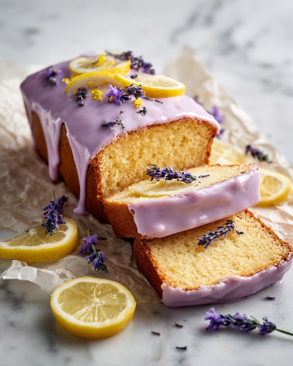 A rectangular cake with a smooth, light purple glaze covers the top, flowing slightly over the edges. On the glaze, there are several thin lemon slices arranged in a loose cluster near the center and scattered lemon wedges towards the edges. Small sprigs of purple lavender flowers are placed delicately on top and around the lemon slices, with a few lavender buds sprinkled over the glaze. The cake sits on a crinkled light brown paper, with extra lemon slices and lavender flowers placed around it on a white marbled surface. Photo taken with an iphone --ar 4:5 --v 7