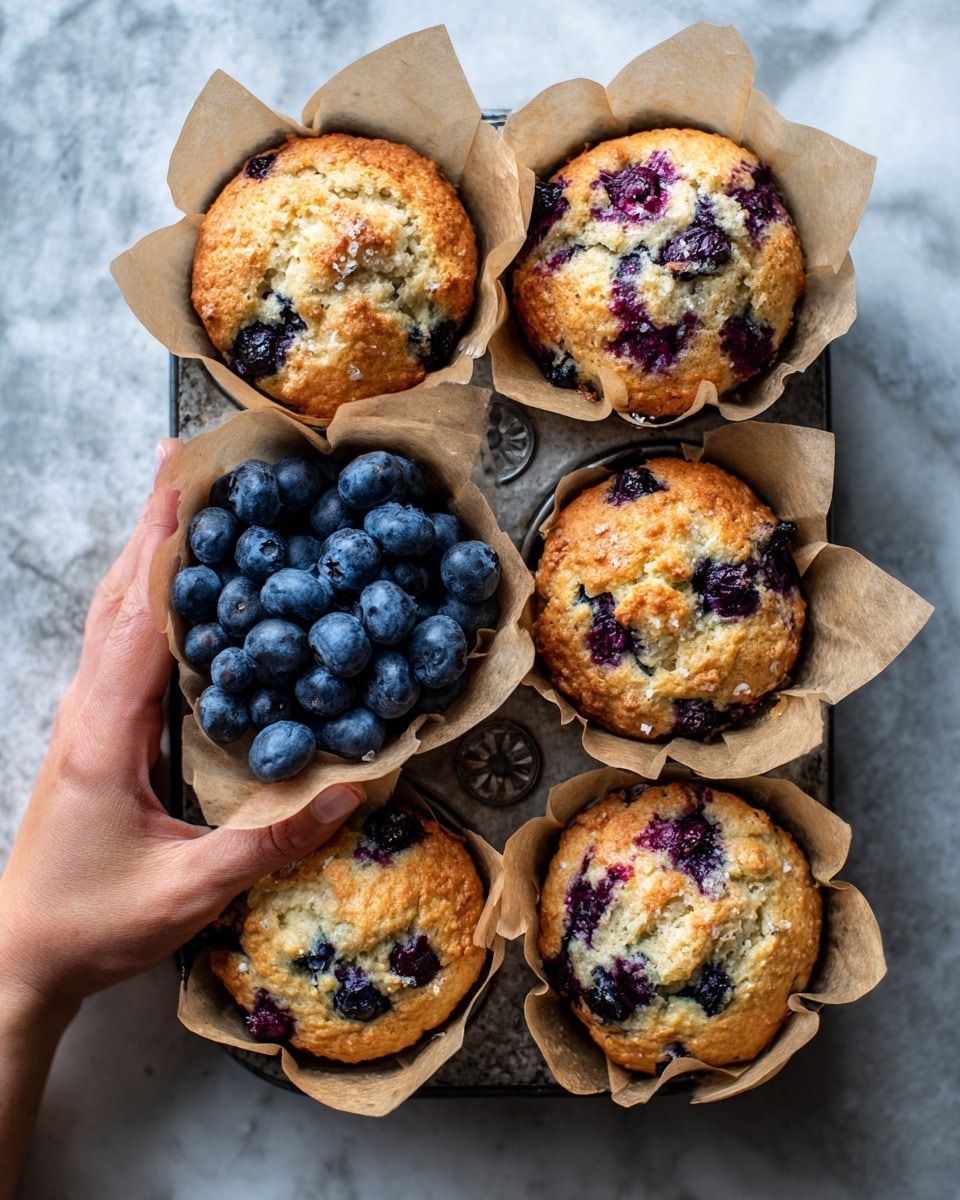 A woman's hand holds a blueberry muffin broken in half, showing the inside texture filled with dark purple blueberries scattered throughout the light brown, fluffy crumb. The muffin halves have a slightly rough surface with moist spots from the berries. In the background, a grey muffin tray contains more baked muffins lined with light parchment paper, all resting on a white marbled surface. The lighting highlights the warm tones of the muffin and the deep color of the blueberries, giving a fresh and appetizing look. photo taken with an iphone --ar 4:5 --v 7