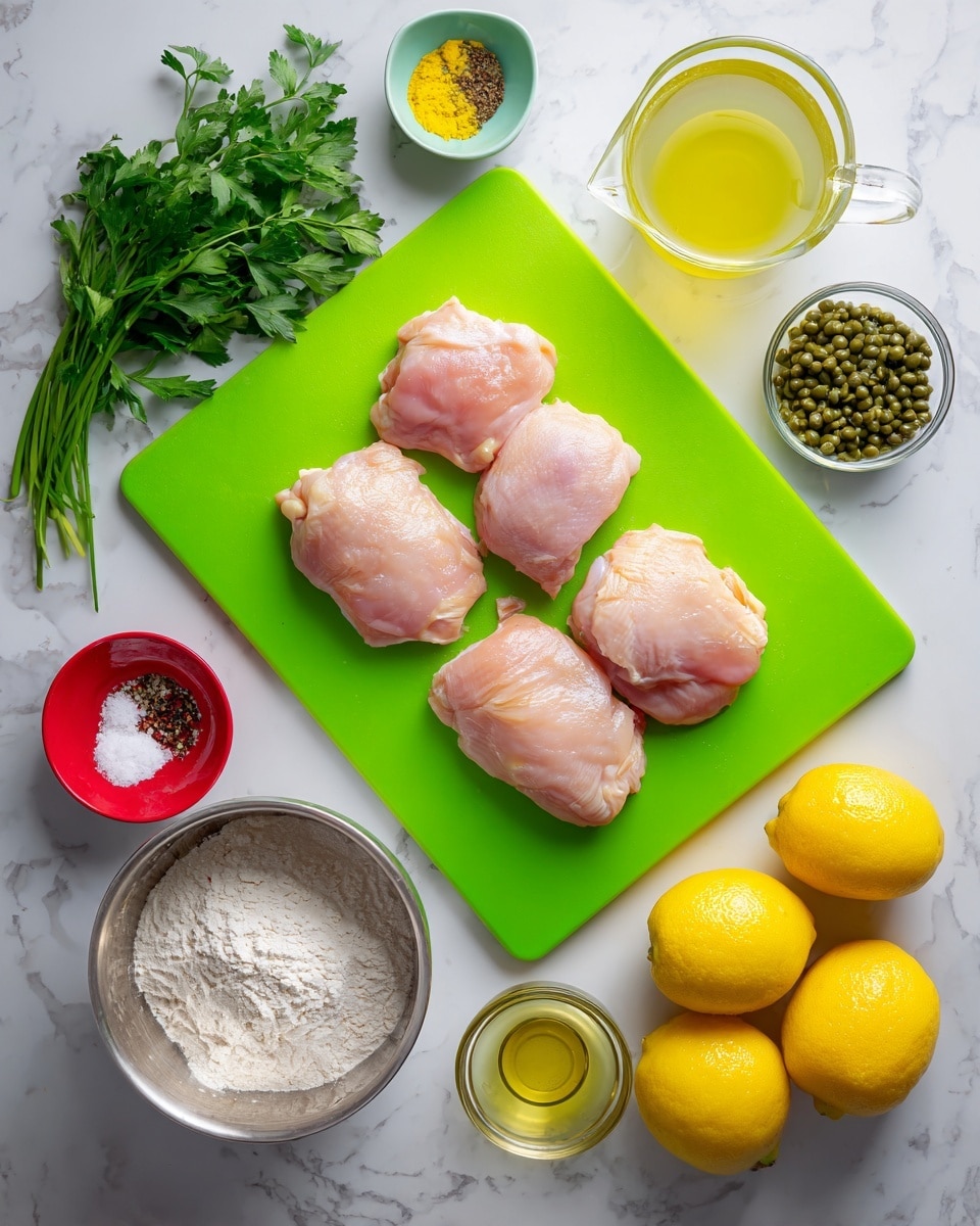 There are four raw chicken pieces placed in a row on a bright green cutting board in the center of the image. Around the board, there are several ingredients arranged neatly on a white marbled surface: a small bunch of fresh green parsley on the lower left, a small red cup with salt, a small yellow cup with black pepper, and a small green cup with olive oil at the top left. Below the chicken, there is a metal bowl with white flour and a clear glass bowl with green capers. On the right side, a glass measuring cup filled with light yellow liquid is at the top, and three bright yellow lemons are below it. The photo is taken with an iphone --ar 4:5 --v 7