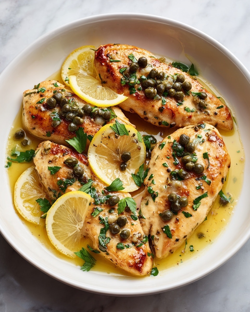 The image shows four cooked pieces of light golden chicken fillets arranged in a white shallow dish, each piece topped with small dark green capers and fresh bright green parsley leaves. The chicken pieces are surrounded by a yellowish sauce with a smooth texture. Along the edges of the dish are thin slices of yellow lemon with some capers on top. The background is a white marbled surface. photo taken with an iphone --ar 4:5 --v 7