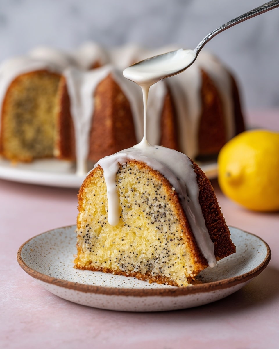 A thick slice of yellow poppy seed bundt cake with a light brown crust sits on a white plate with a speckled brown rim. The cake slice shows a moist interior filled evenly with tiny black poppy seeds. A spoon held above drips white icing sauce over the top center of the slice, flowing down the sides. In the background, part of the whole bundt cake is visible on a pinkish surface, with a whole lemon sitting nearby. The scene is set on a white marbled texture surface. Photo taken with an iphone --ar 4:5 --v 7