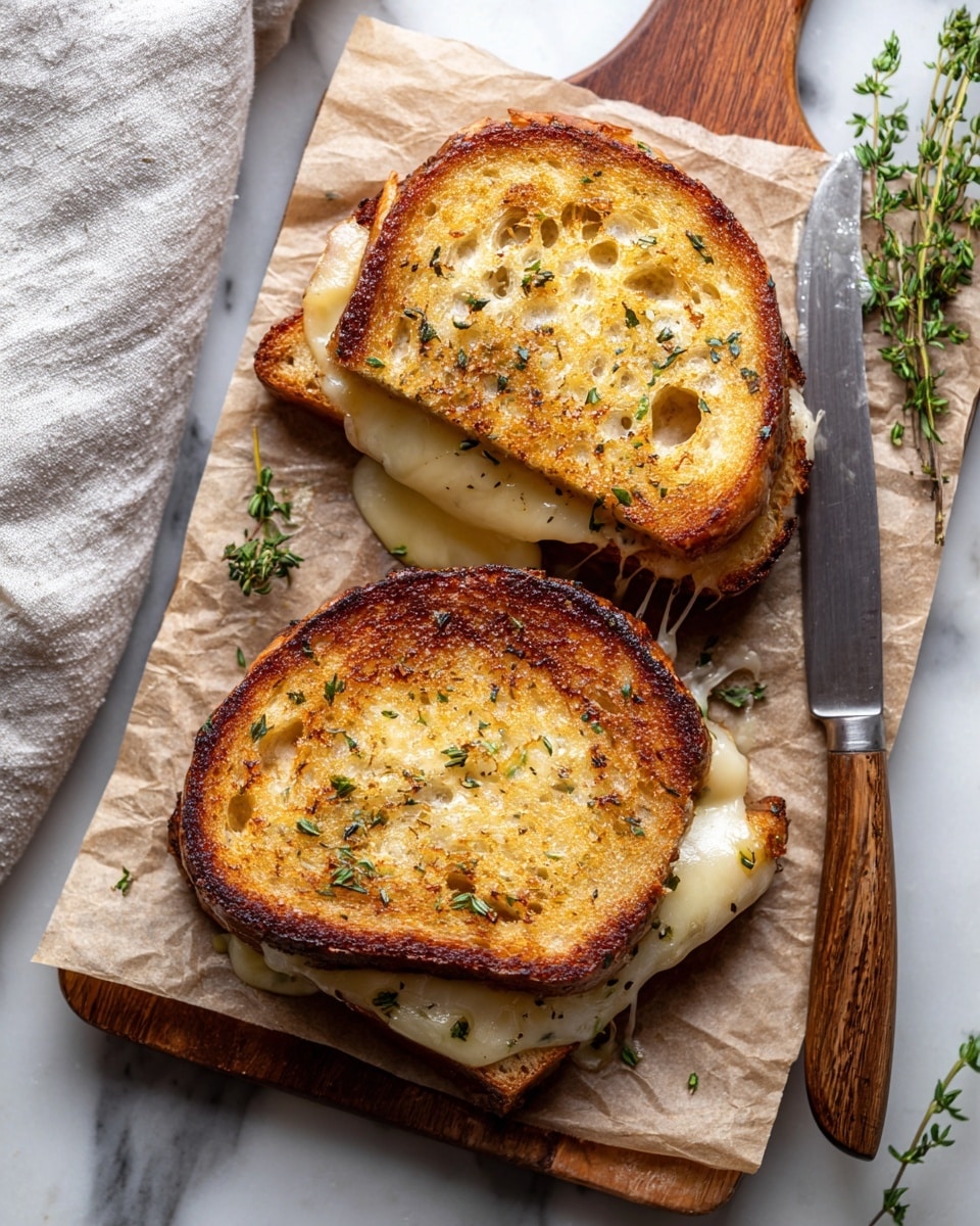 Two grilled sandwiches are shown on a piece of parchment paper on a wooden board. Each sandwich has two toasted golden brown bread slices with visible herbs and small air holes. Between the bread slices, melted cheese is peeking out, slightly oozing from the edges. A knife with a wooden handle rests beside the sandwiches on the board. The scene has a white marbled surface with a light gray cloth partially visible on the left side. photo taken with an iphone --ar 4:5 --v 7