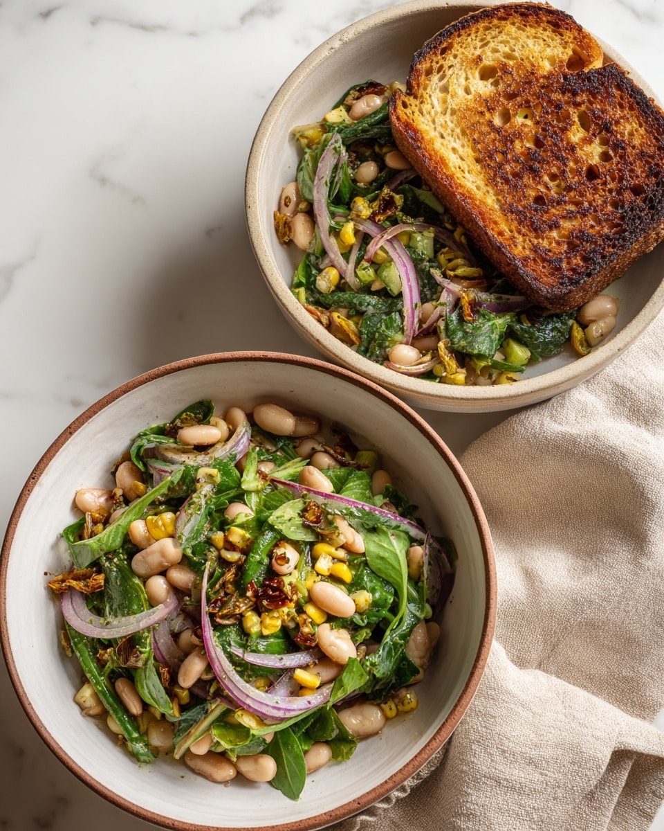 Two white bowls with brown rims are shown on a white marbled surface. The top bowl is filled with a mixed salad of white beans, green leafy vegetables, thin purple onion slices, bits of sun-dried tomatoes, yellow corn kernels, and herbs. The bottom bowl contains a similar bean salad with green herbs and purple onion slices topped with a large toasted multigrain bread slice, golden brown and crispy with visible seeds. A beige cloth is placed near the bowls on the right side. photo taken with an iphone --ar 4:5 --v 7