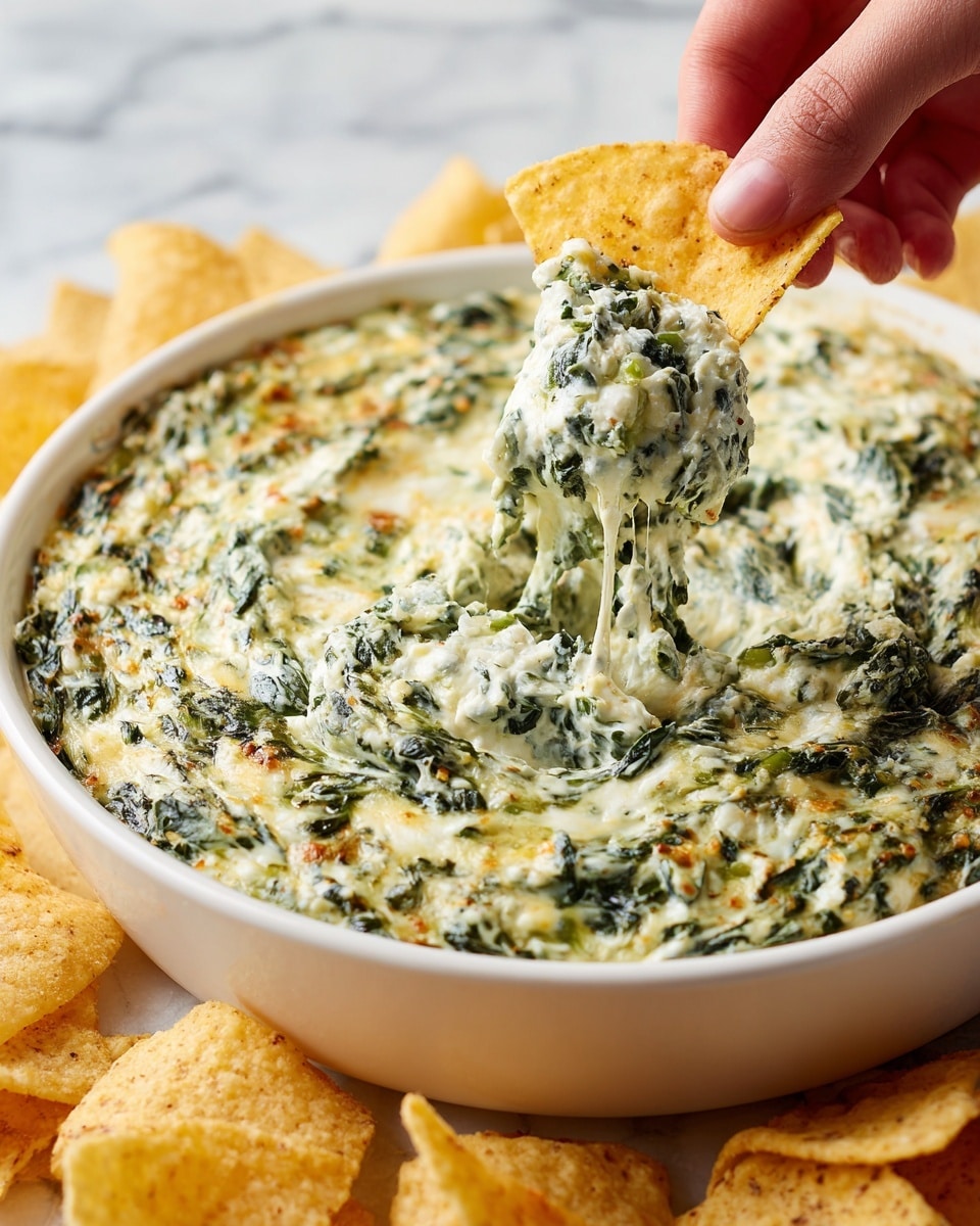 A close-up of a white round dish filled with creamy spinach dip that has a textured top of melted cheese and chopped spinach in dark green and light creamy colors, showing a thick, smooth, and slightly chunky consistency. A woman's hand is holding a single light yellow tortilla chip dipping into the creamy spinach mixture, lifting some of the dip with visible greens and cheese. The dish is placed on a white marbled surface with more tortilla chips scattered around the base. photo taken with an iphone --ar 4:5 --v 7